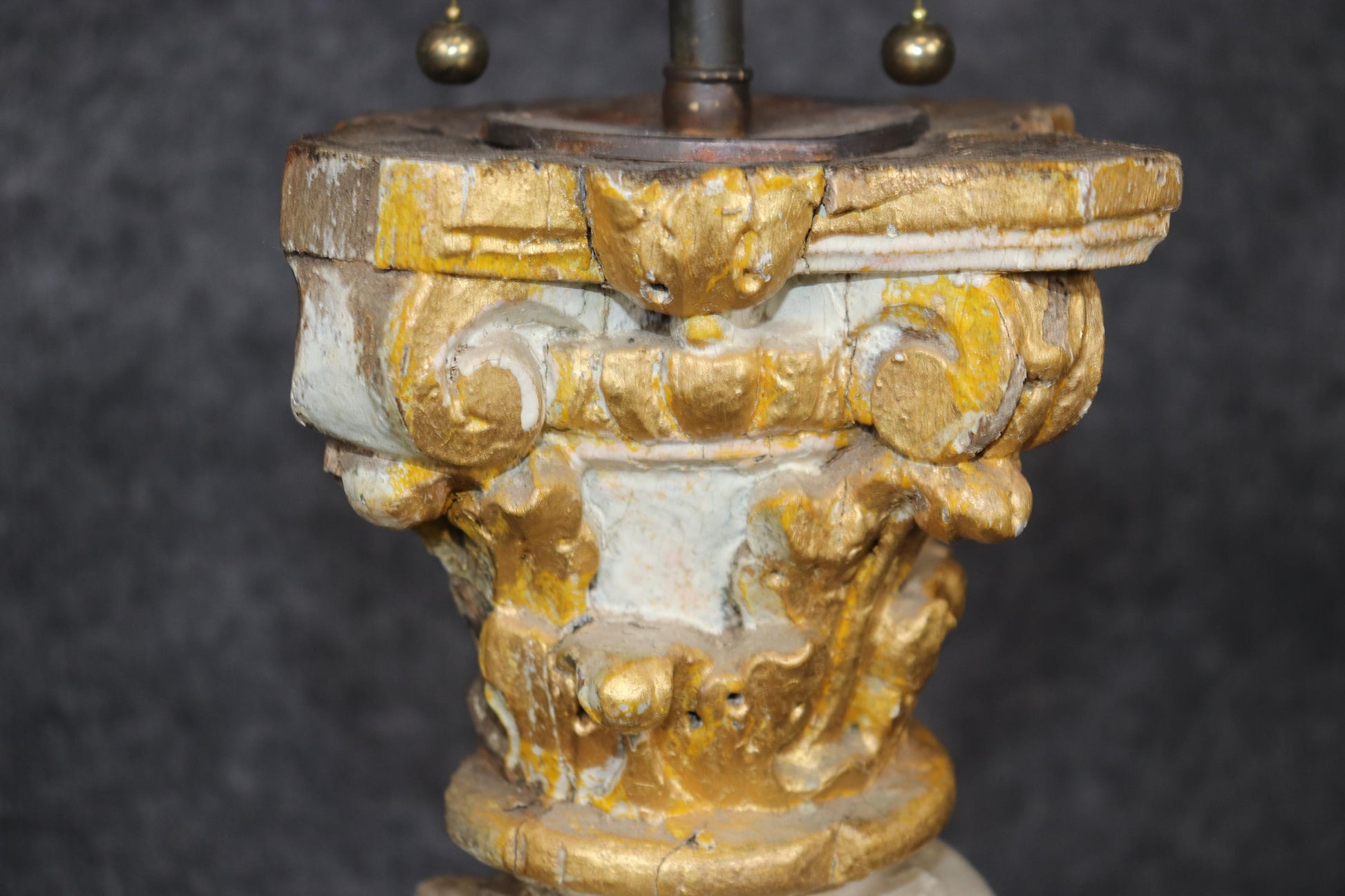 Pair 18th Century Faux Bois Carved Chippy Painted and Gilded Column Lamps