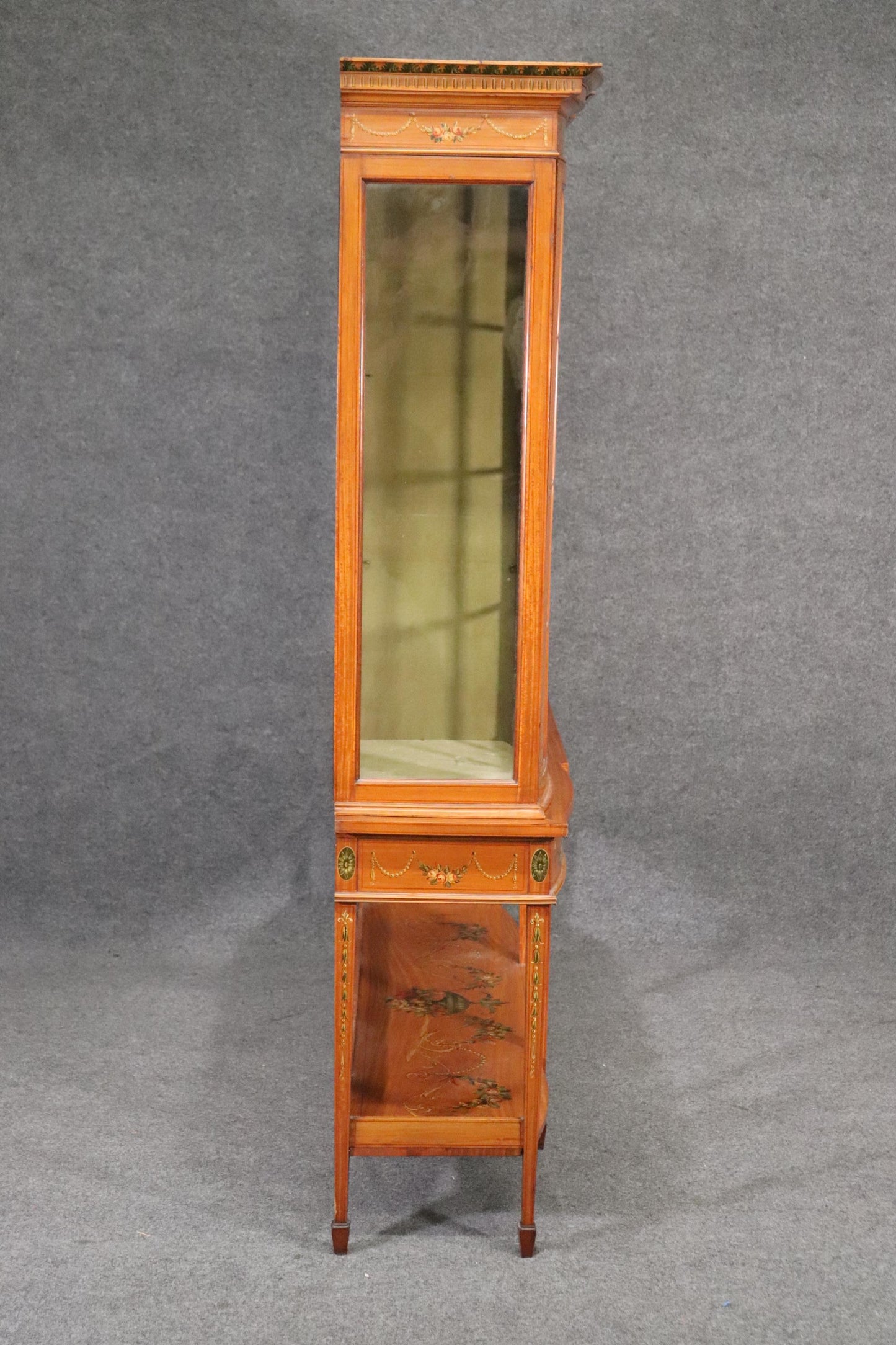 Fine Satinwood Paint Decorated English Adams Vitrine China Cabinet Circa 1900