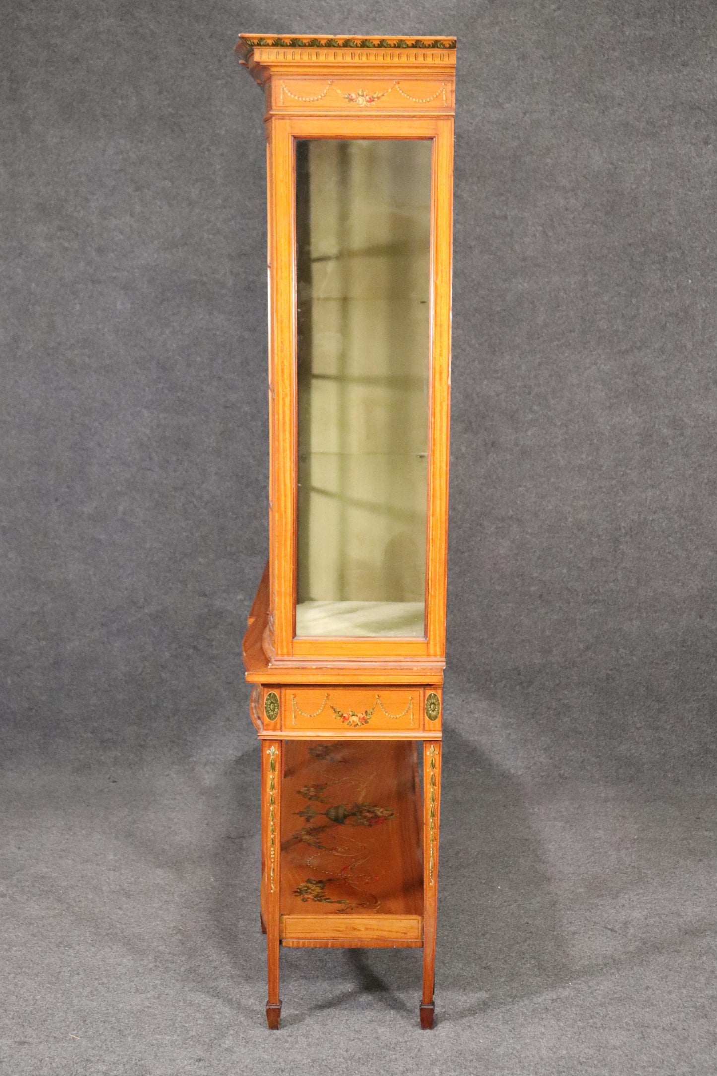 Fine Satinwood Paint Decorated English Adams Vitrine China Cabinet Circa 1900