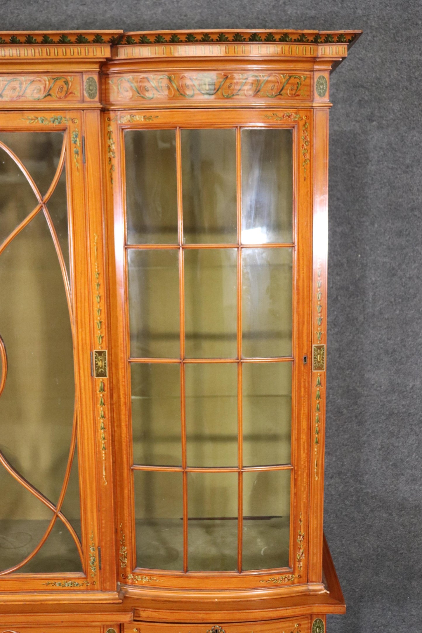 Fine Satinwood Paint Decorated English Adams Vitrine China Cabinet Circa 1900