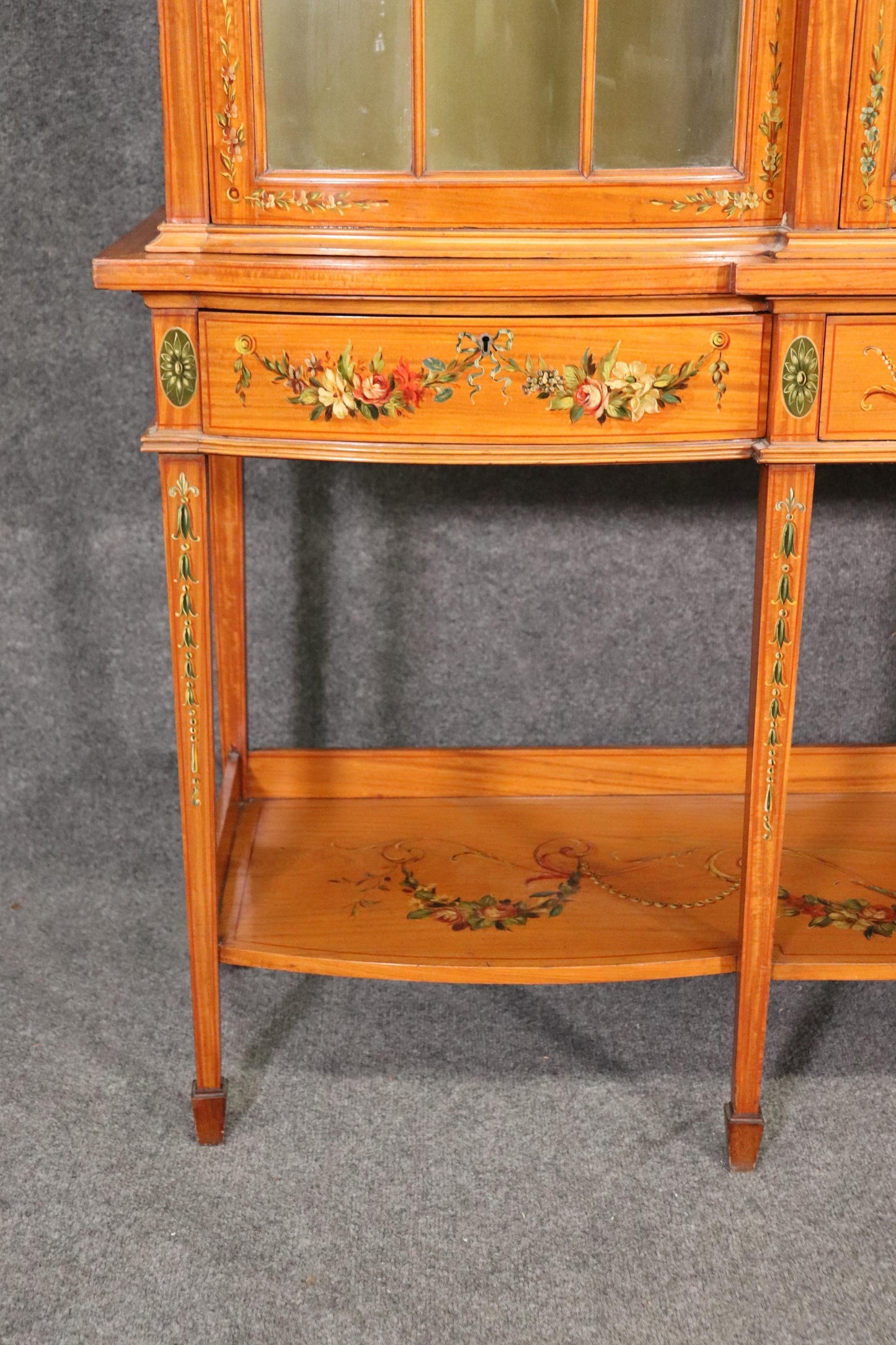 Fine Satinwood Paint Decorated English Adams Vitrine China Cabinet Circa 1900