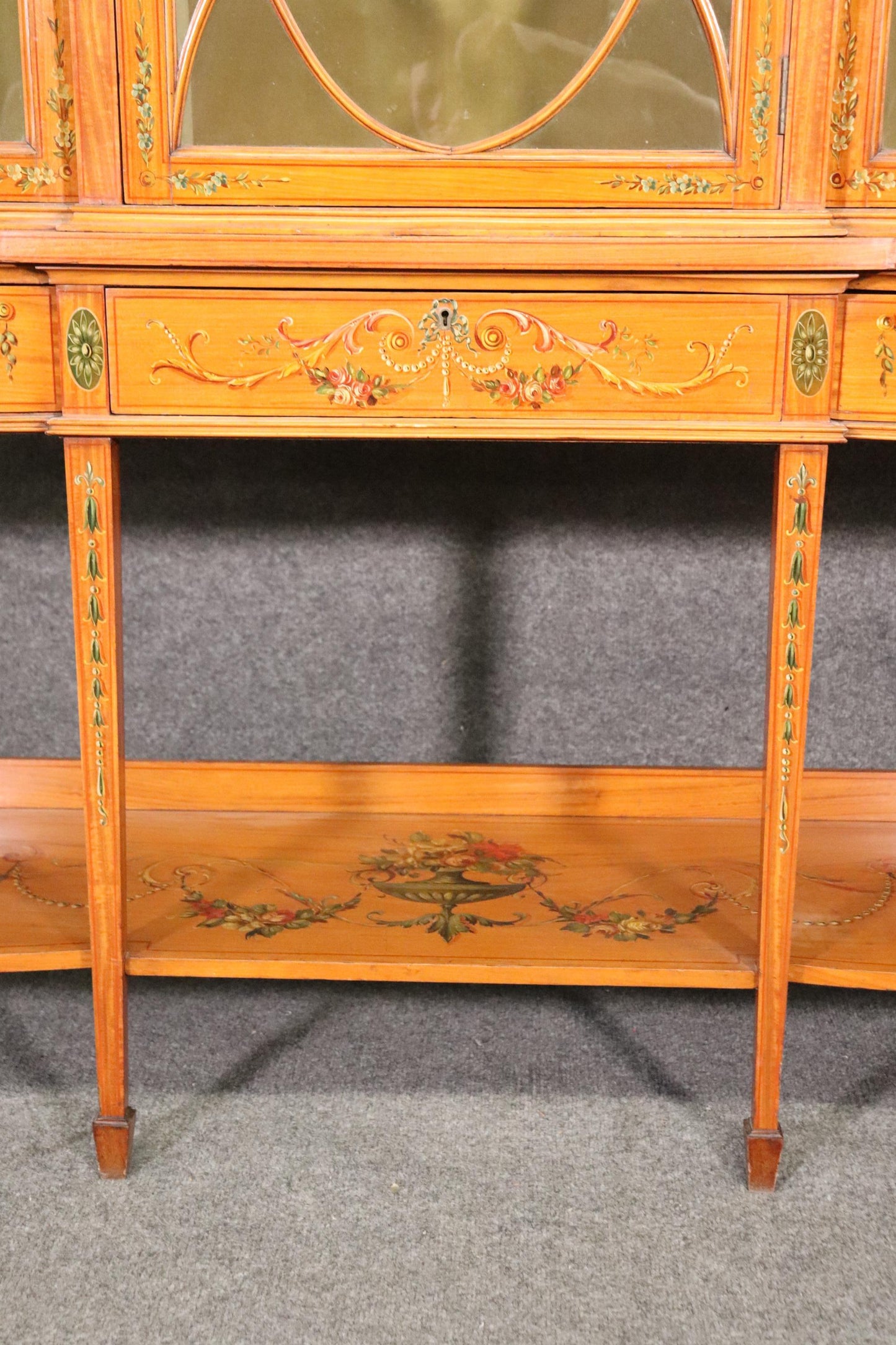 Fine Satinwood Paint Decorated English Adams Vitrine China Cabinet Circa 1900