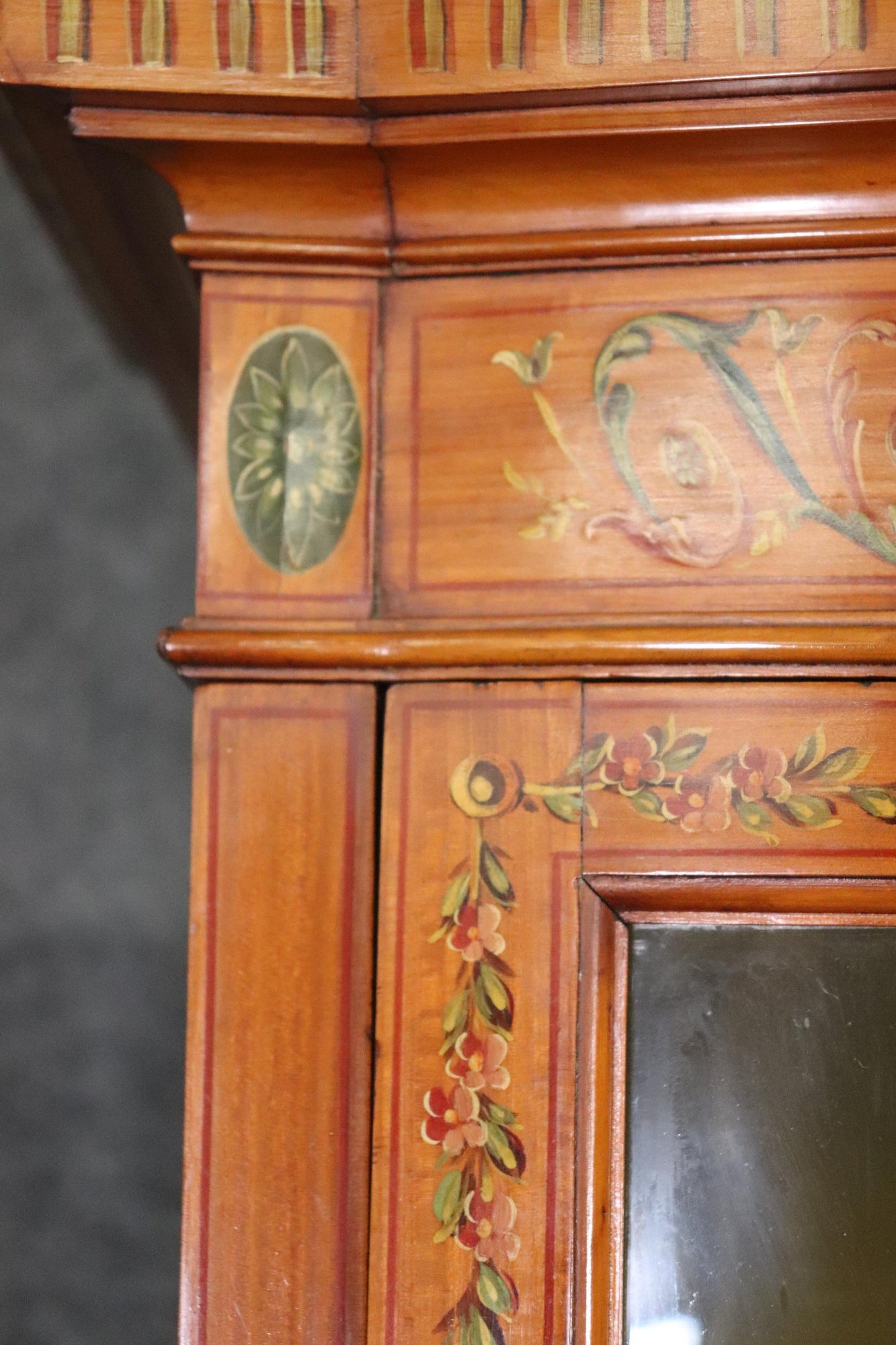 Fine Satinwood Paint Decorated English Adams Vitrine China Cabinet Circa 1900