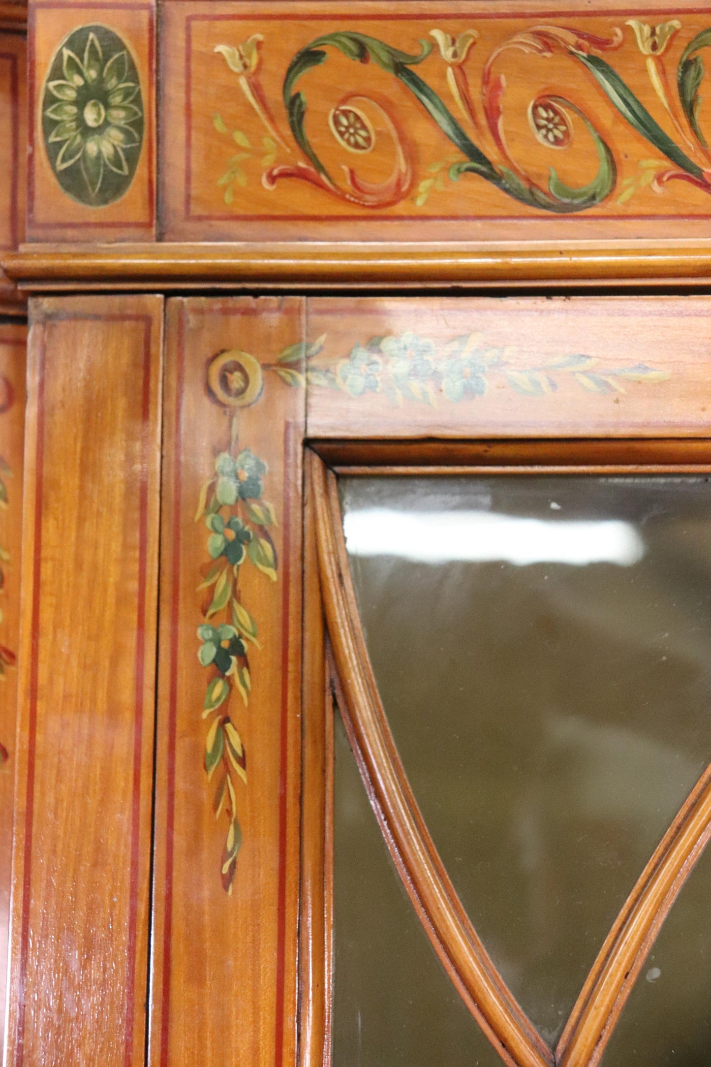 Fine Satinwood Paint Decorated English Adams Vitrine China Cabinet Circa 1900