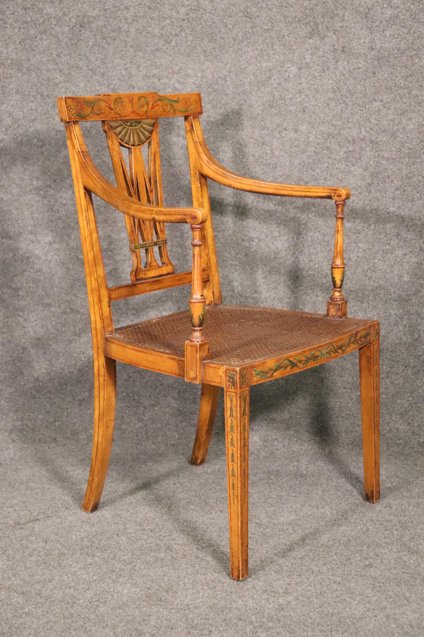 Fine Quality Paint Decorated English Satinwood Adams Cane Armchair Circa 1920