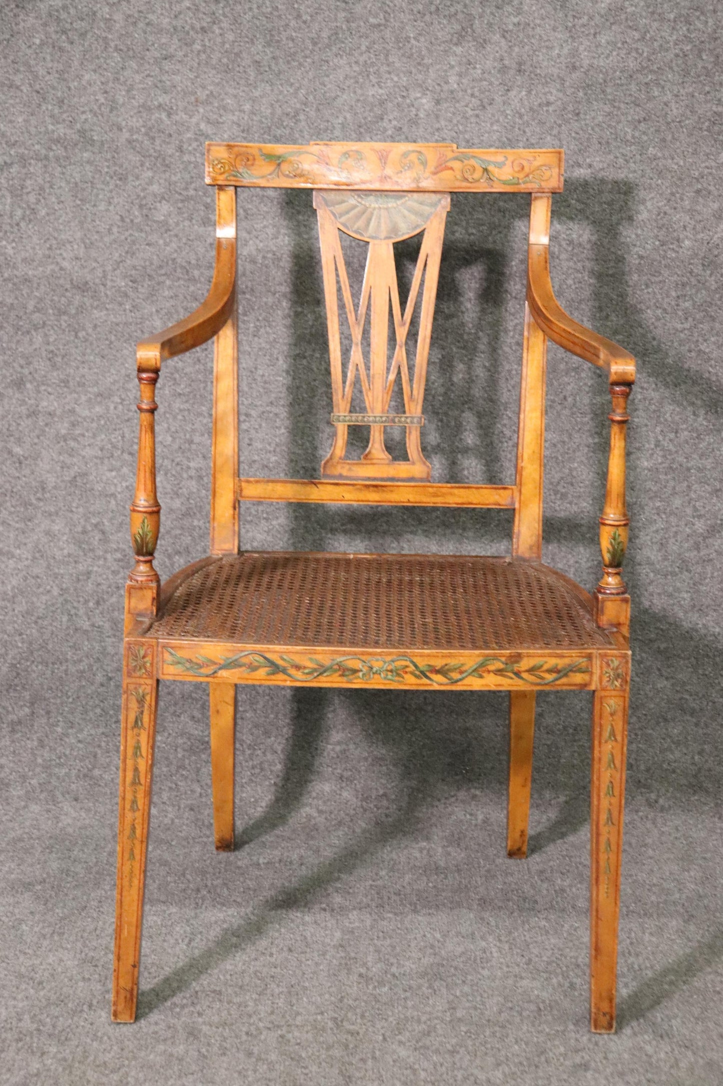 Fine Quality Paint Decorated English Satinwood Adams Cane Armchair Circa 1920