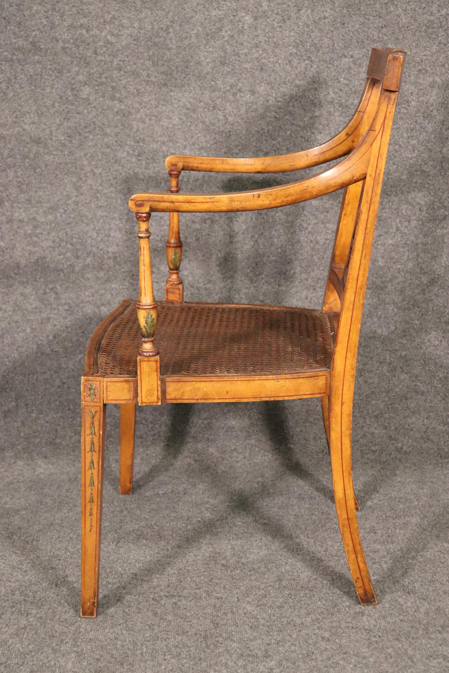 Fine Quality Paint Decorated English Satinwood Adams Cane Armchair Circa 1920