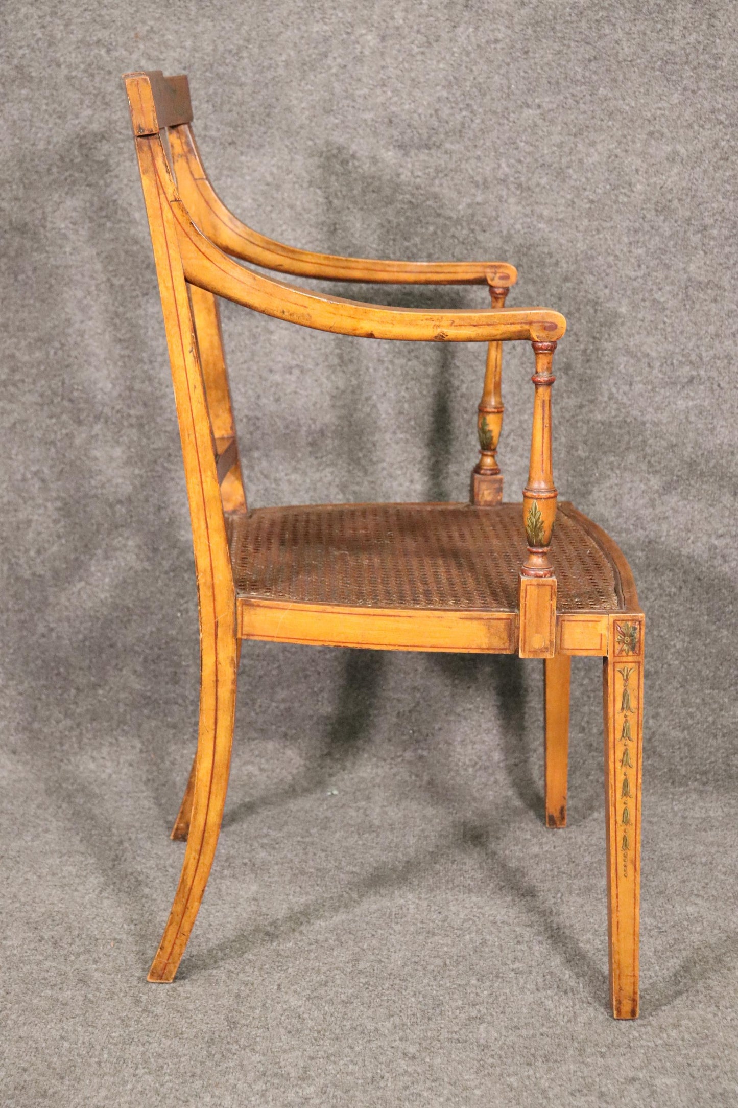 Fine Quality Paint Decorated English Satinwood Adams Cane Armchair Circa 1920