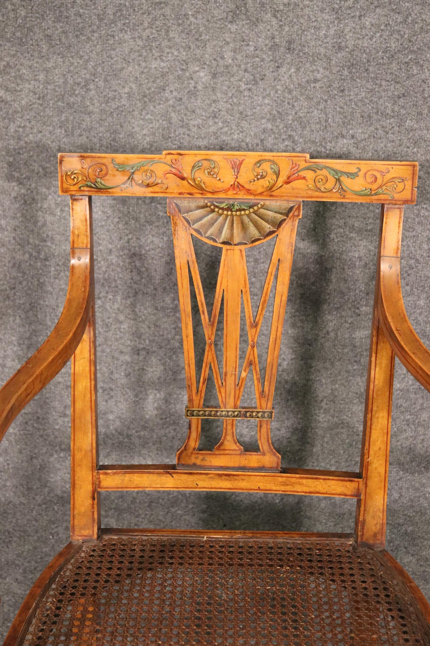 Fine Quality Paint Decorated English Satinwood Adams Cane Armchair Circa 1920