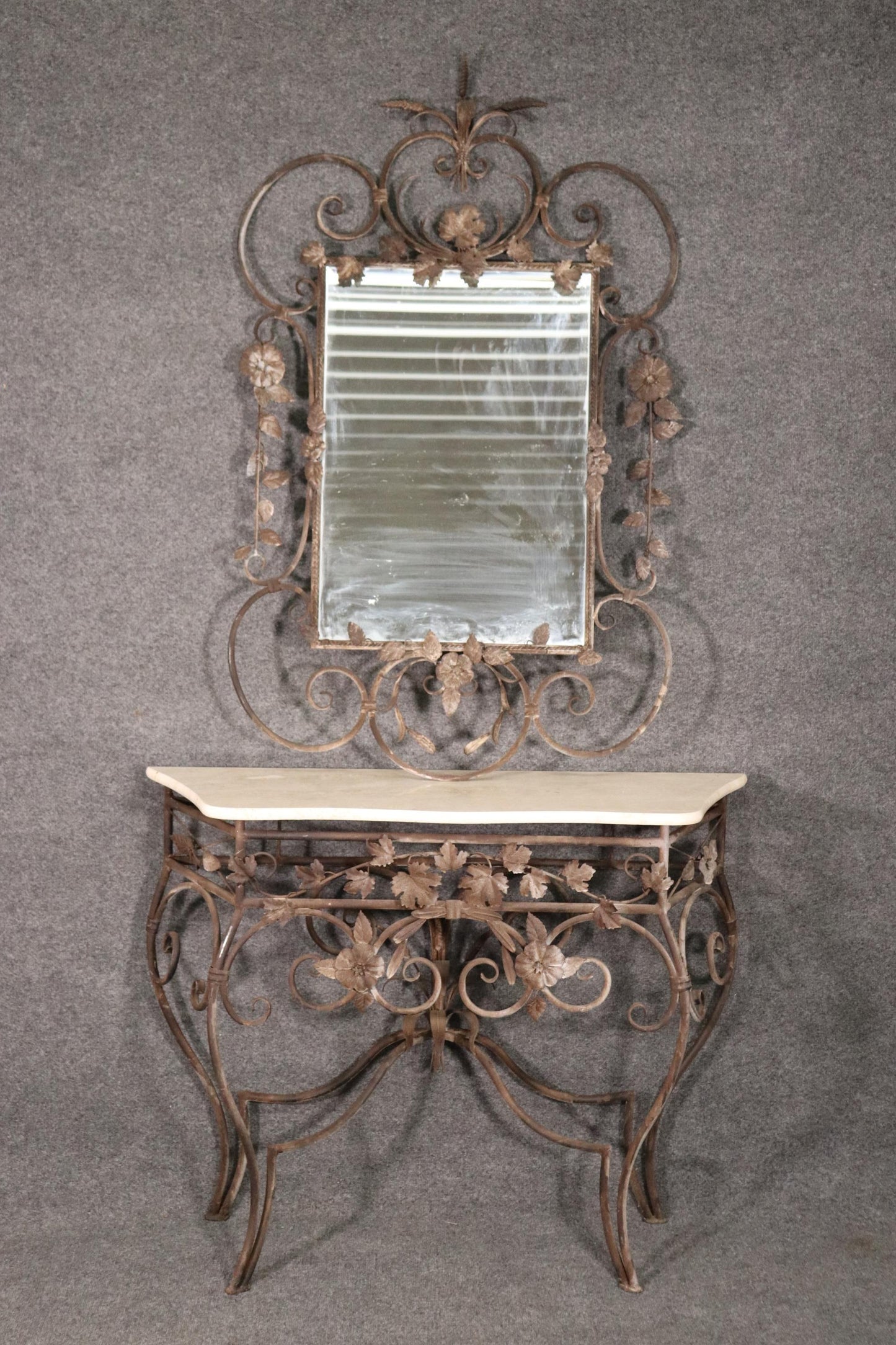 Italian Marble Top Wrought Iron Console Table and Matching Mirror, circa 1920s