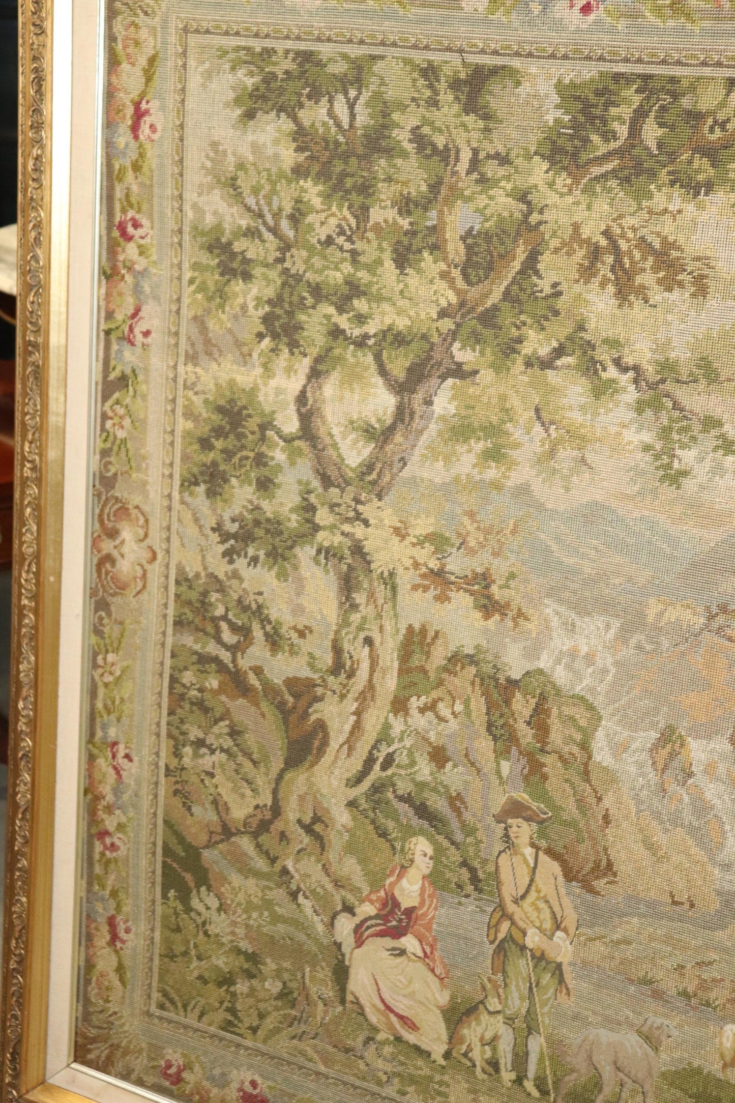 Monumental French or Belgian Tapestry of Provincial Scene in Fine Gilt Frame