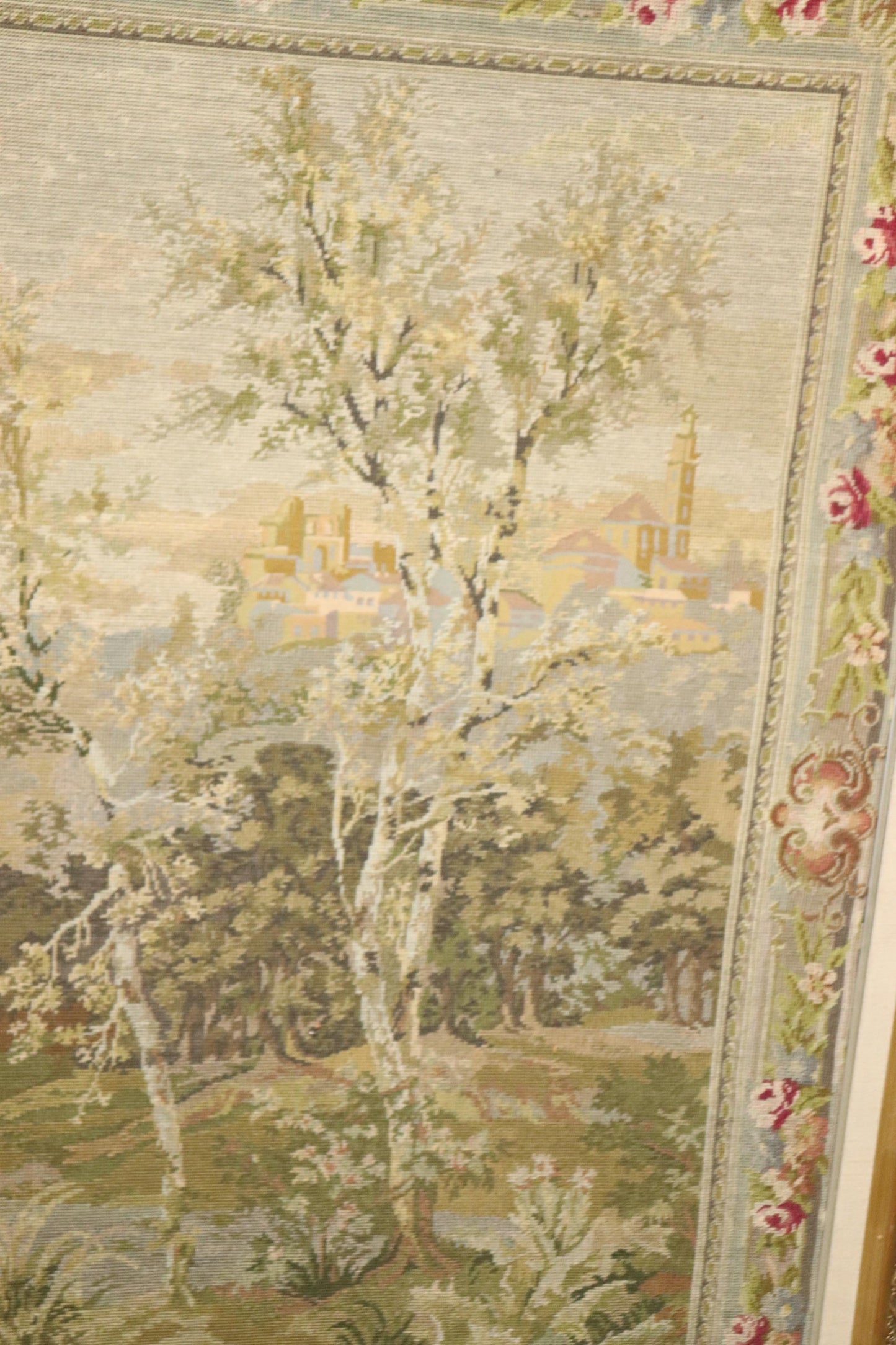 Monumental French or Belgian Tapestry of Provincial Scene in Fine Gilt Frame