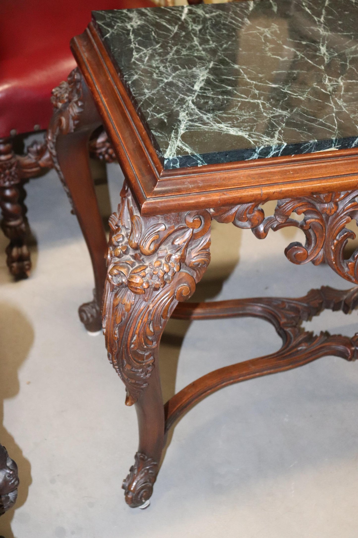 Fine Carved Walnut Verdi Green Marble Top Console Table with Stretcher Base