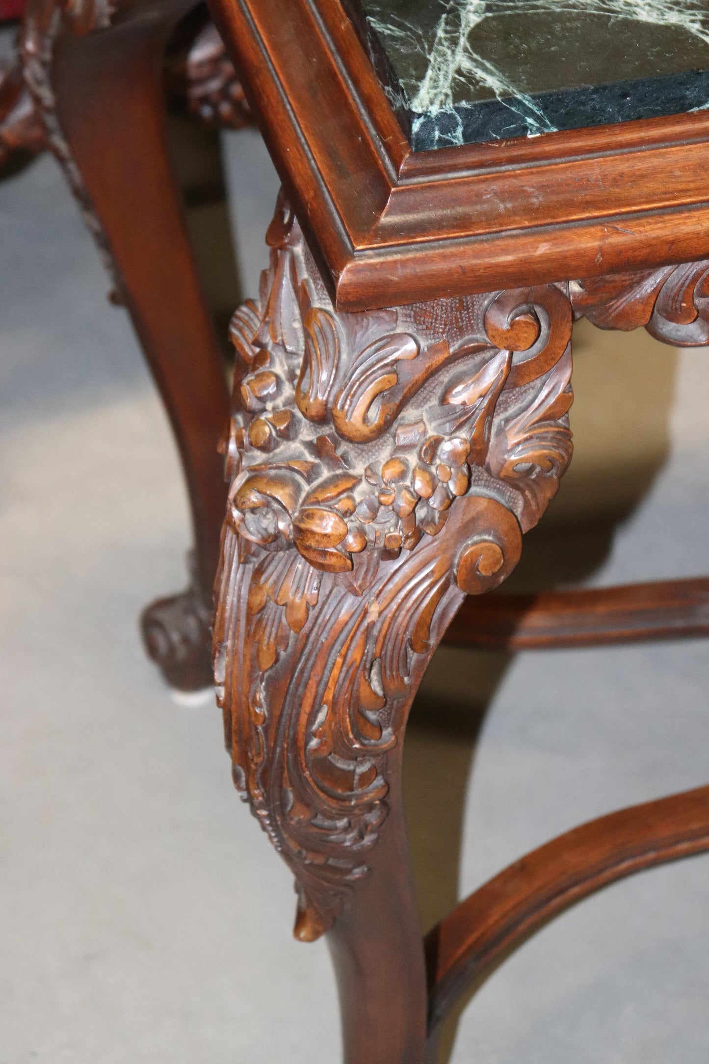 Fine Carved Walnut Verdi Green Marble Top Console Table with Stretcher Base