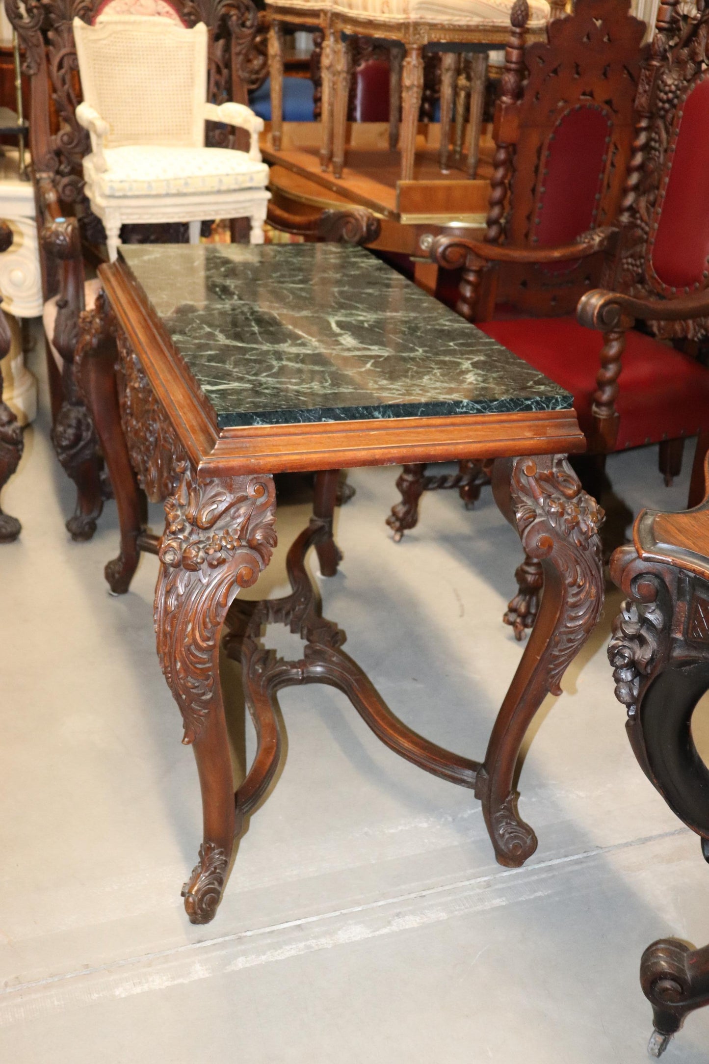 Fine Carved Walnut Verdi Green Marble Top Console Table with Stretcher Base