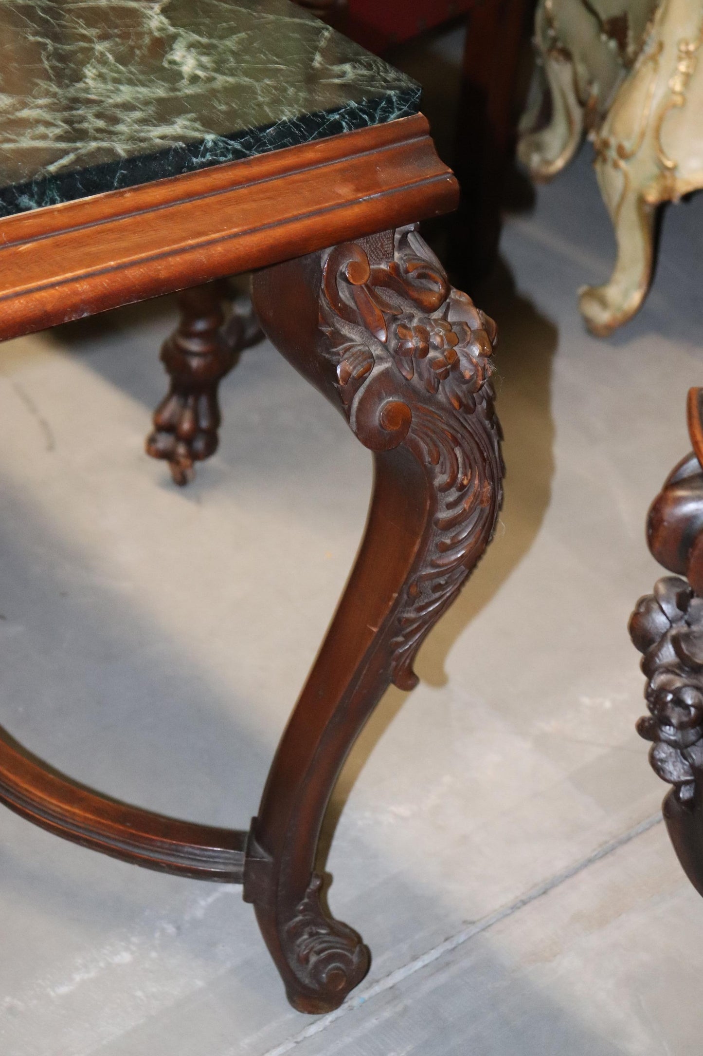 Fine Carved Walnut Verdi Green Marble Top Console Table with Stretcher Base