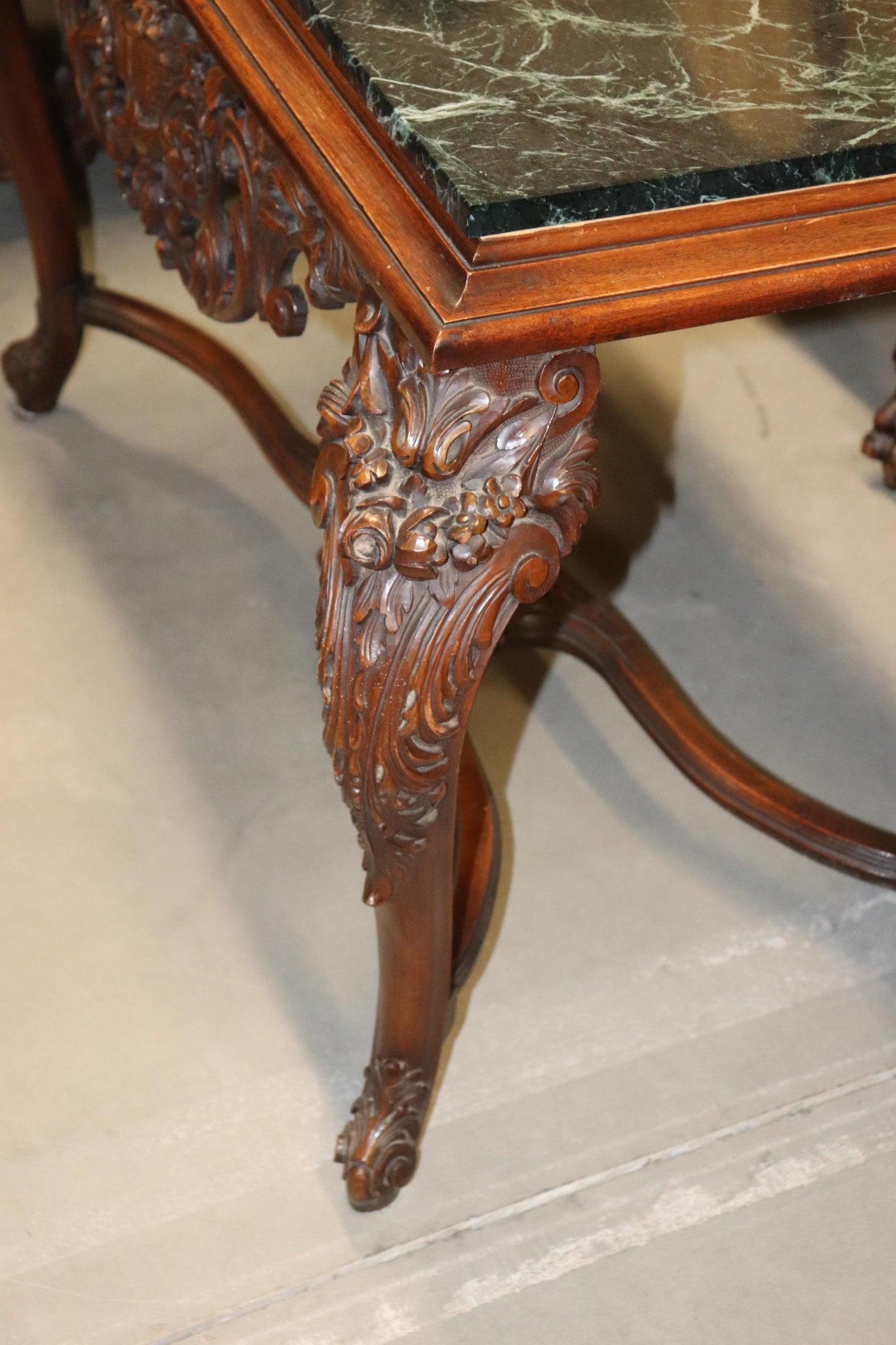 Fine Carved Walnut Verdi Green Marble Top Console Table with Stretcher Base