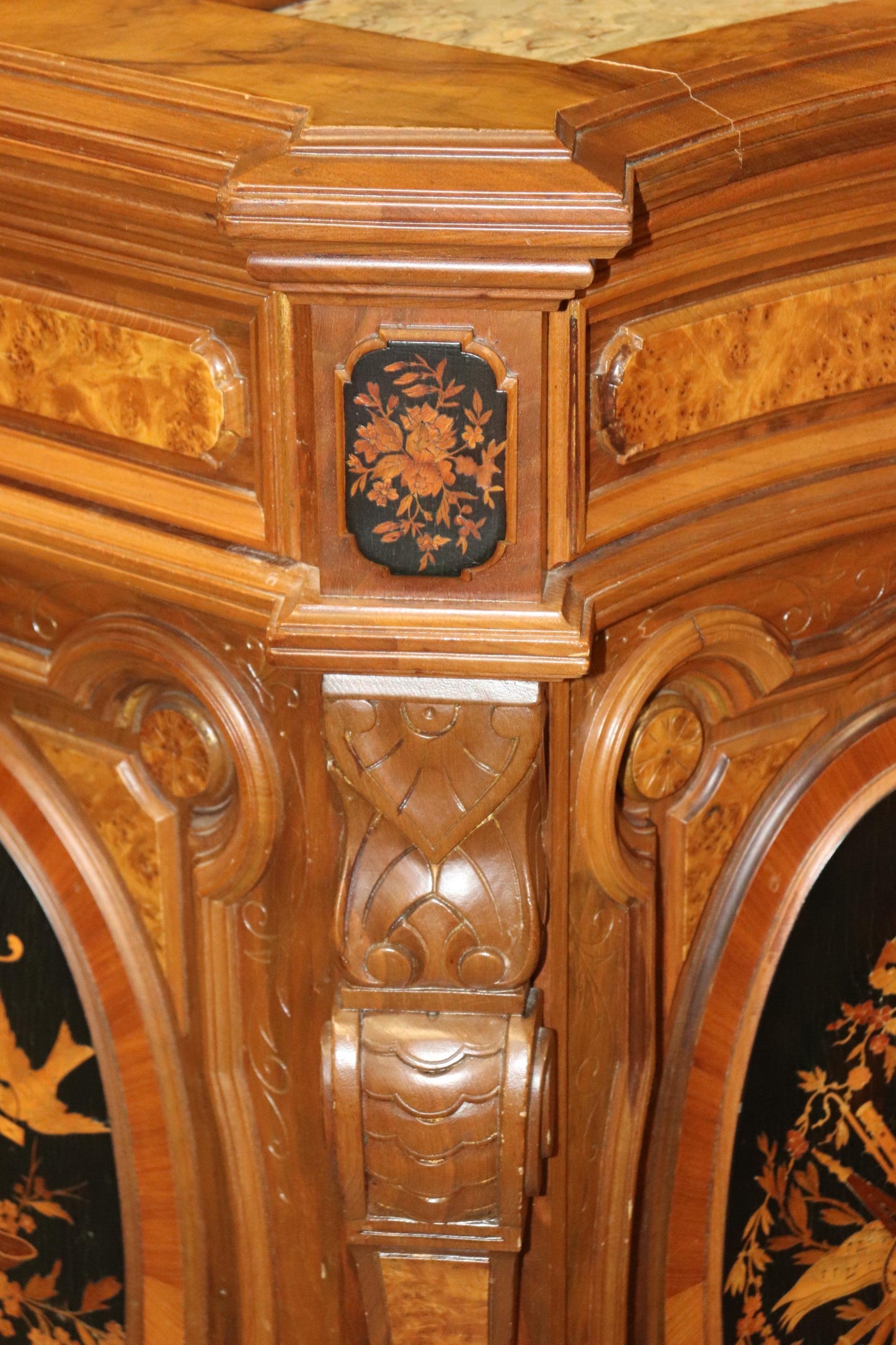 Pottier and Stymus Attributed Circassian Walnut Inlaid Credenza Sideboard