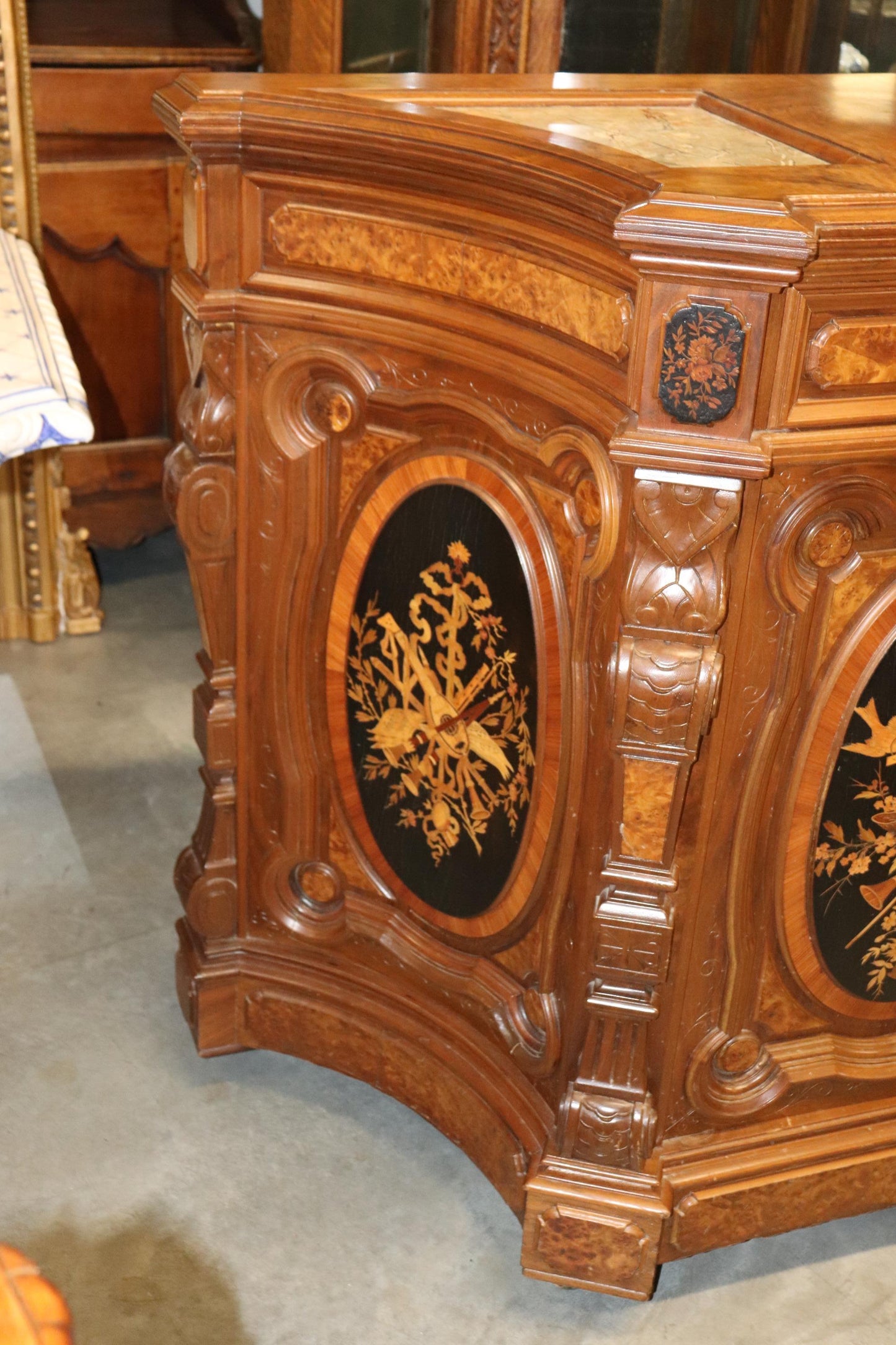 Pottier and Stymus Attributed Circassian Walnut Inlaid Credenza Sideboard