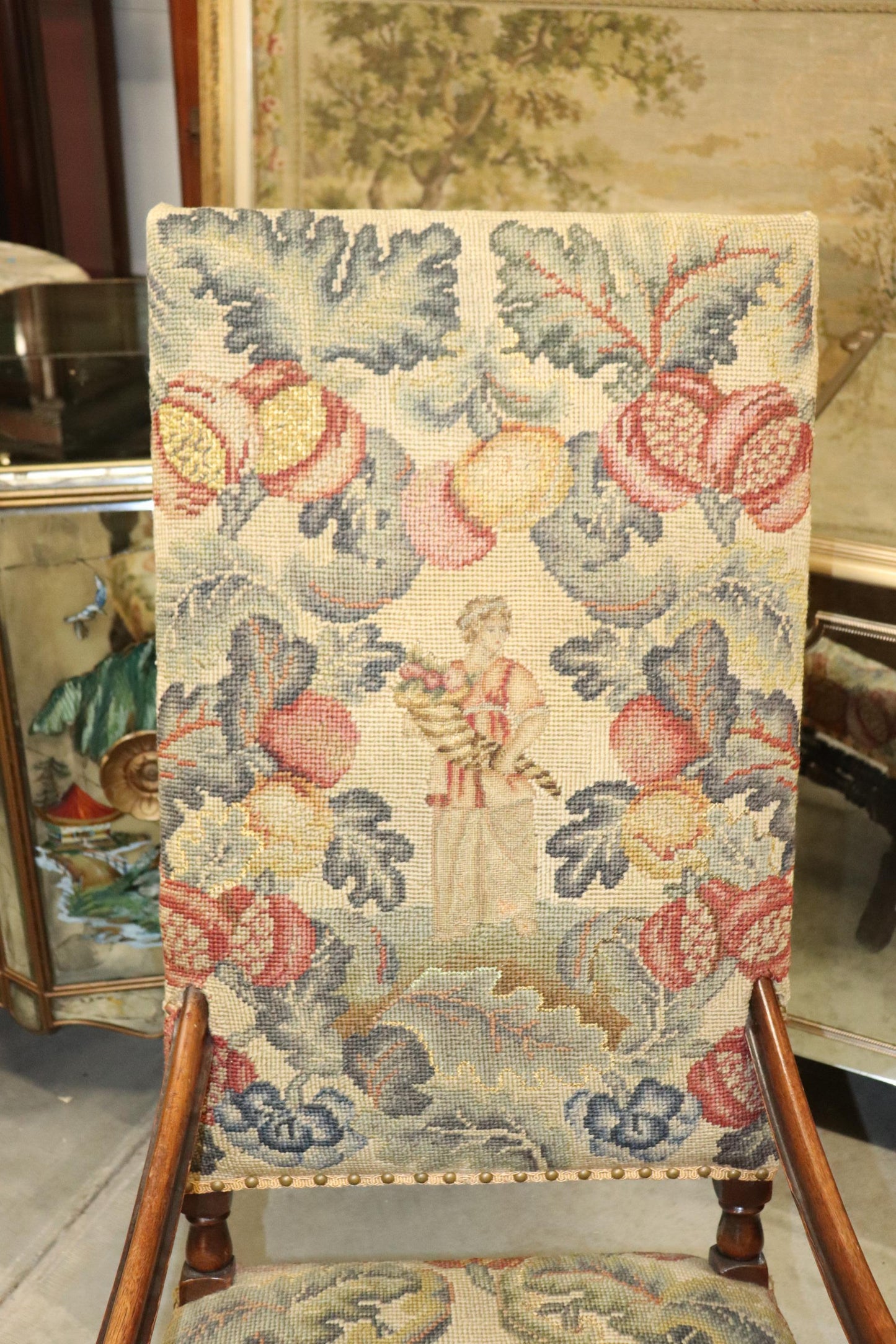 Tall Back Needlepoint and Petit Point Carved Walnut French Louis XV Armchair