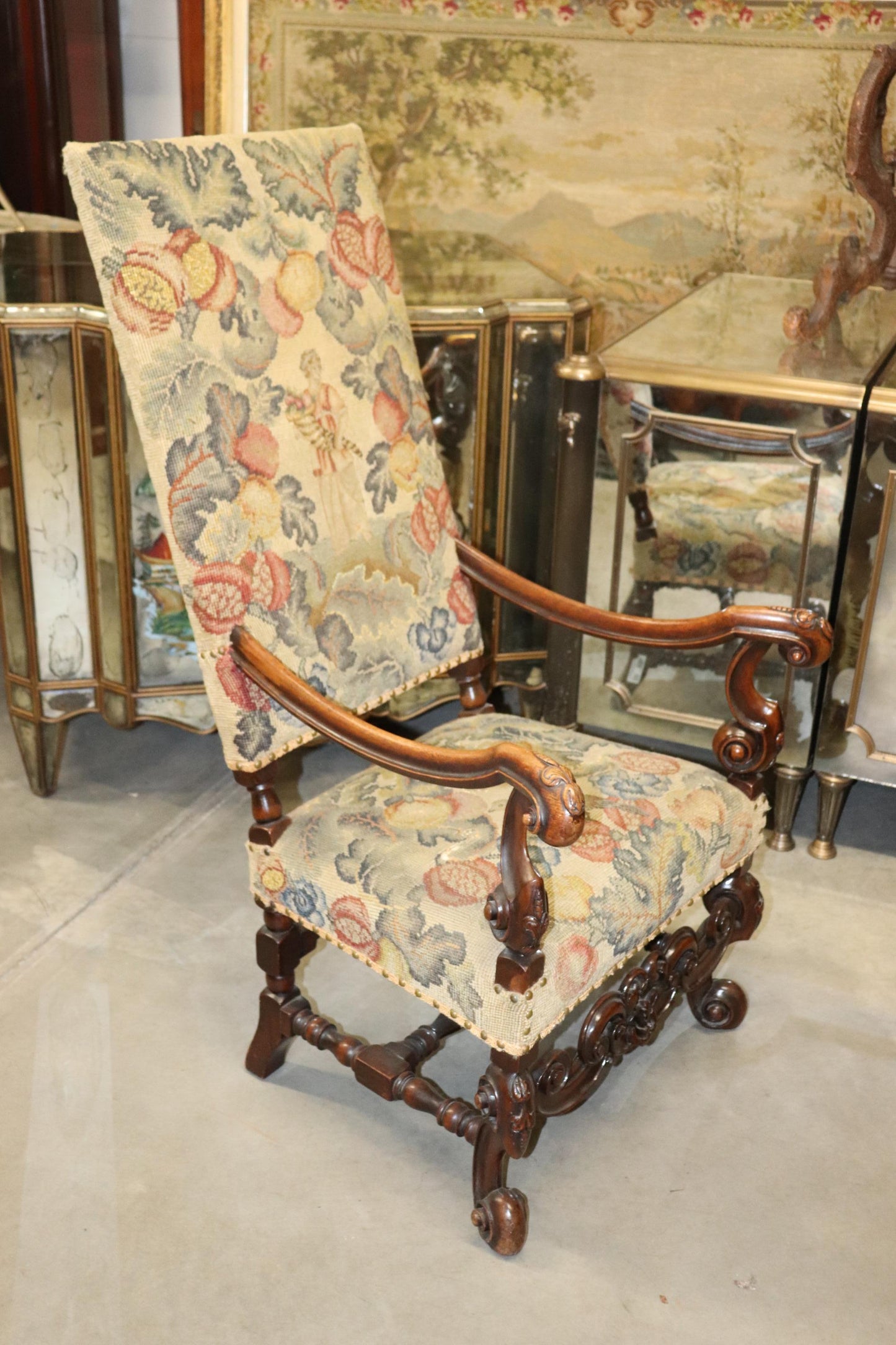 Tall Back Needlepoint and Petit Point Carved Walnut French Louis XV Armchair