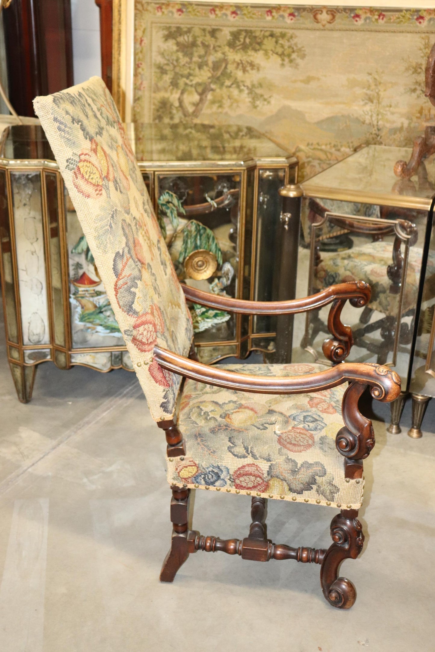 Tall Back Needlepoint and Petit Point Carved Walnut French Louis XV Armchair