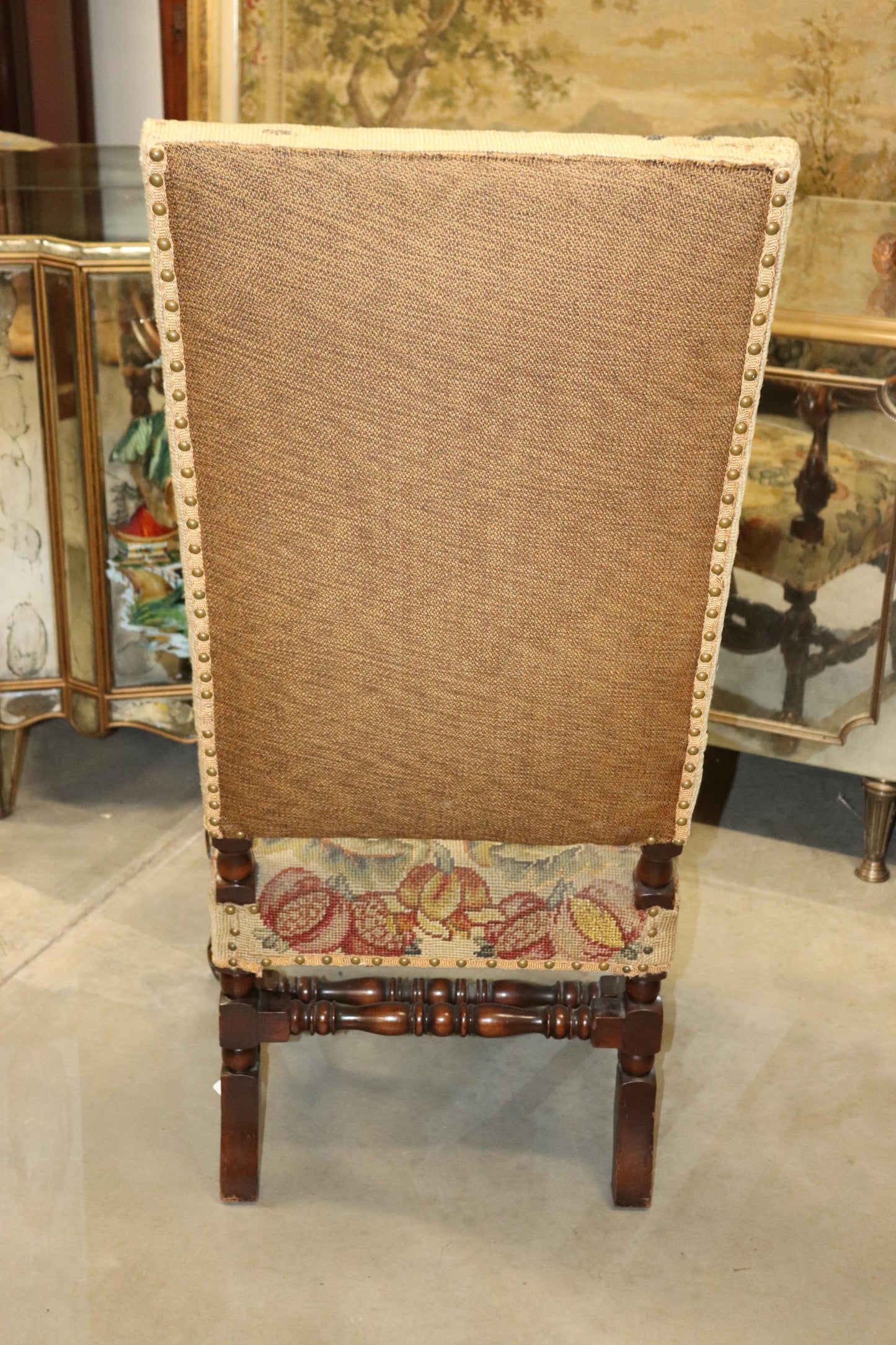 Tall Back Needlepoint and Petit Point Carved Walnut French Louis XV Armchair