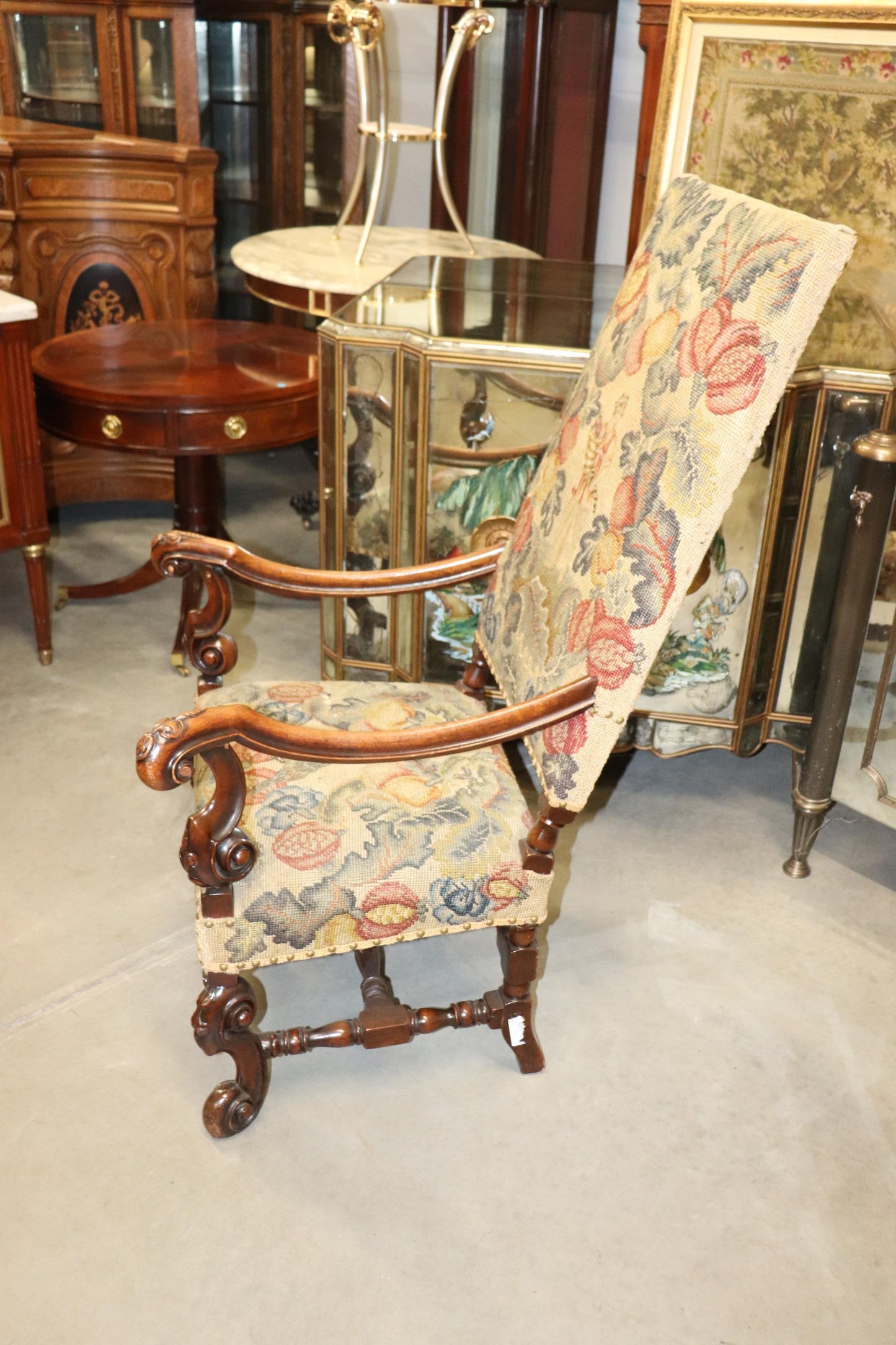 Tall Back Needlepoint and Petit Point Carved Walnut French Louis XV Armchair