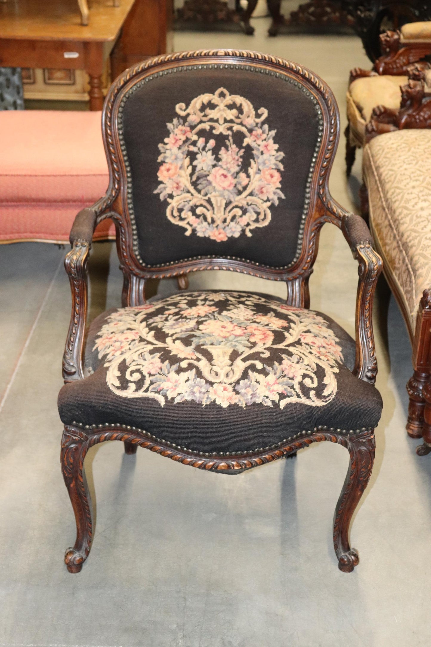 French Louis XV Brown Needlepoint Armchair Circa 1940