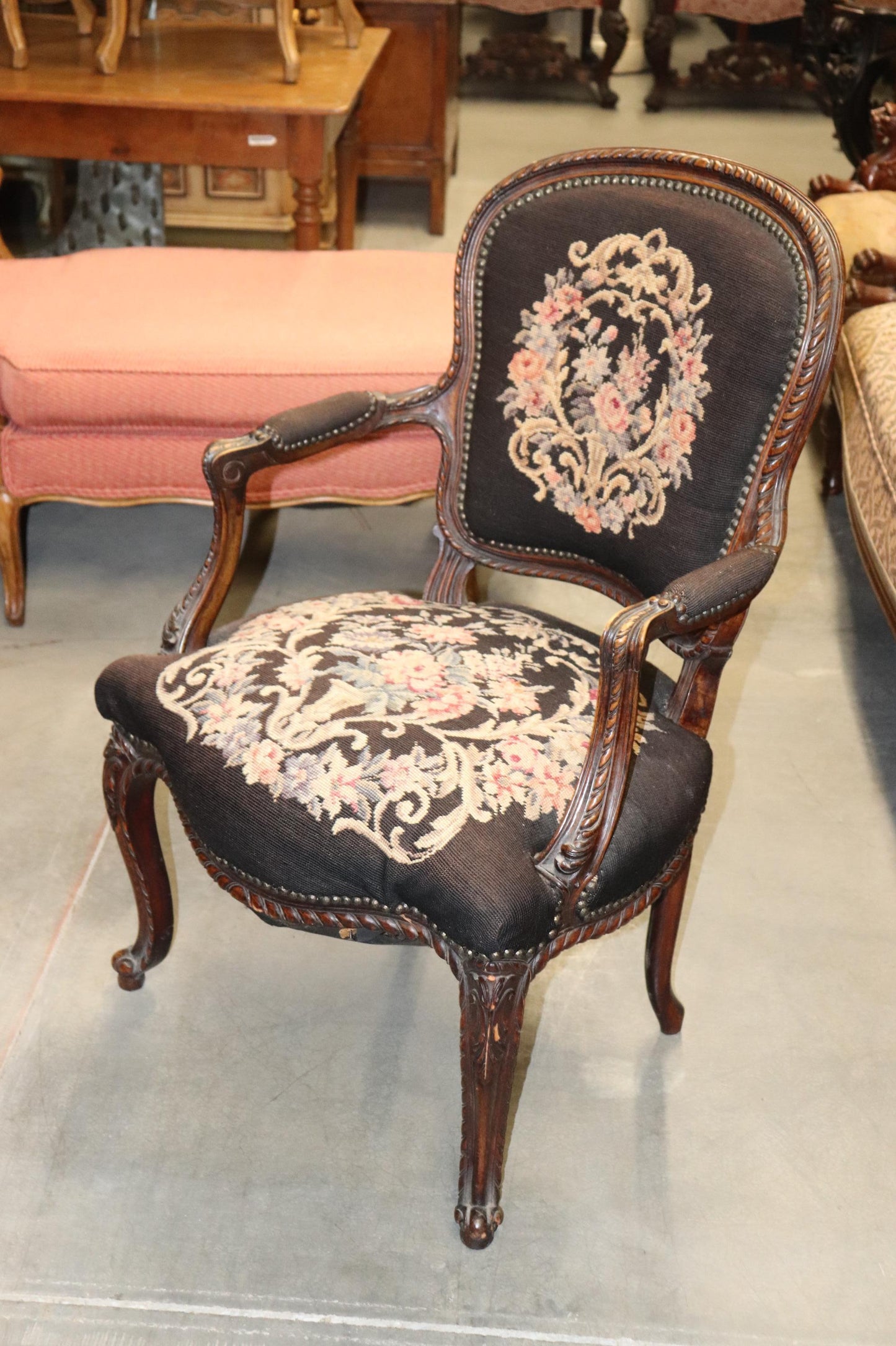 French Louis XV Brown Needlepoint Armchair Circa 1940