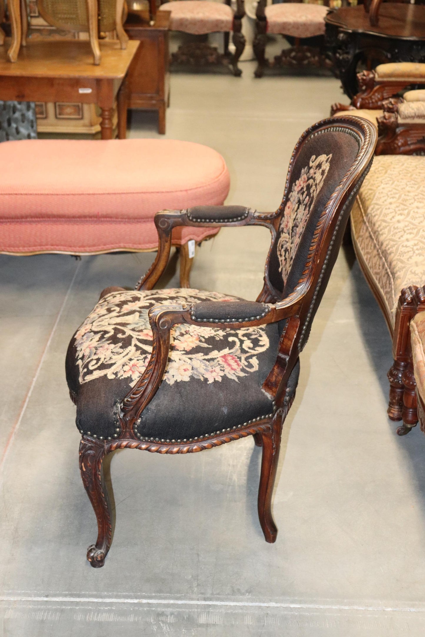 French Louis XV Brown Needlepoint Armchair Circa 1940