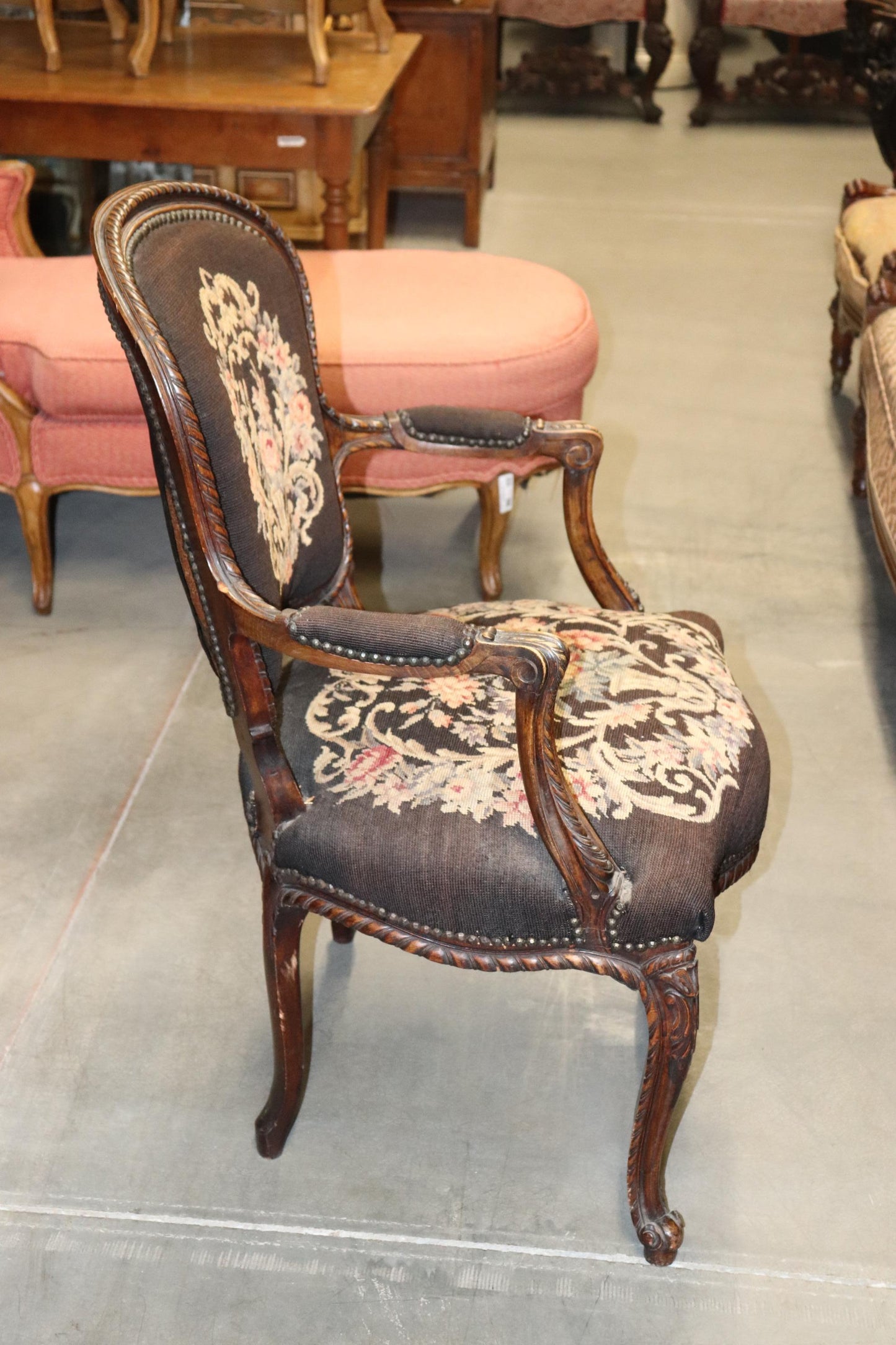 French Louis XV Brown Needlepoint Armchair Circa 1940