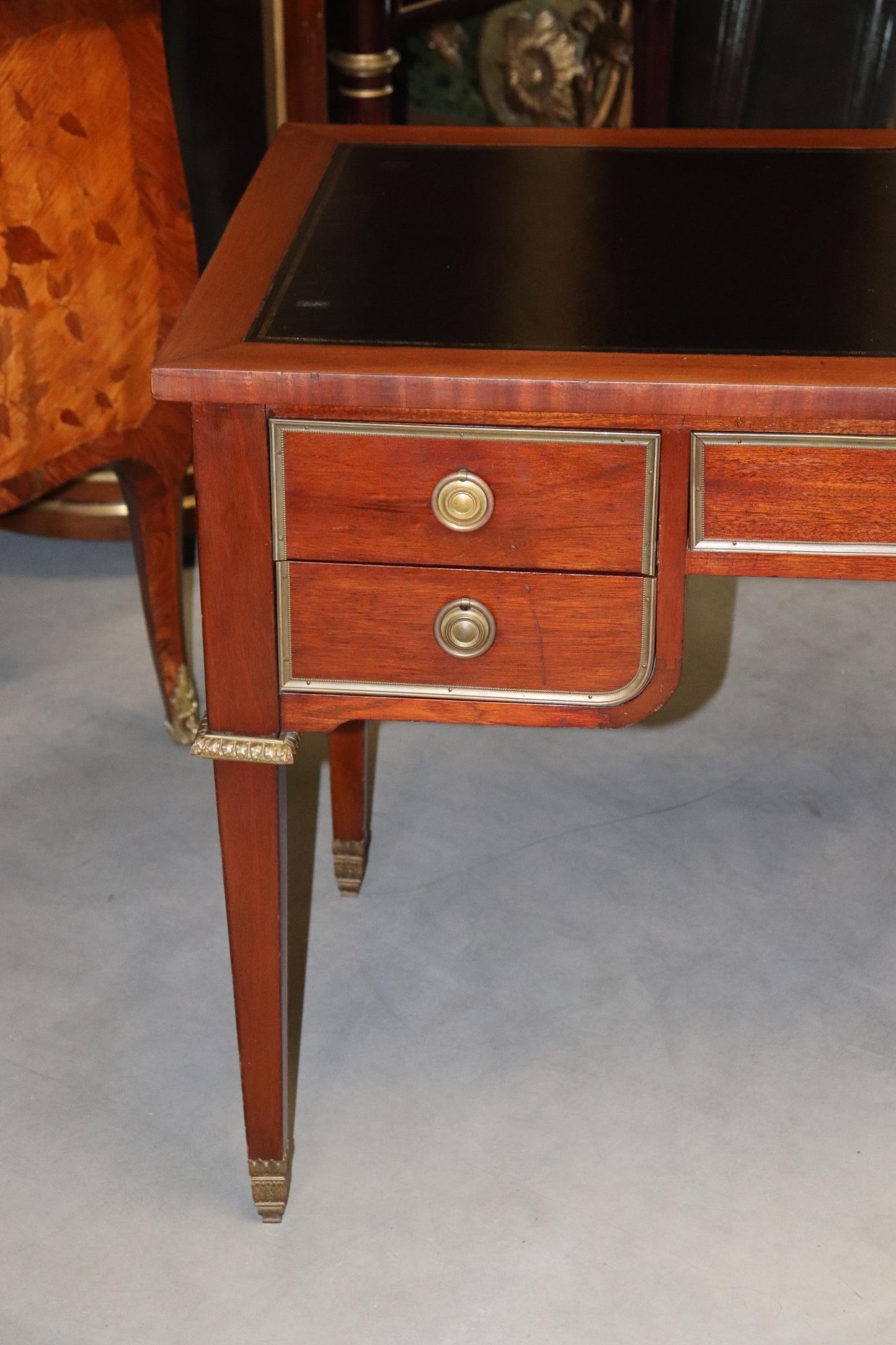 Black Leather Top French Directoire Style Writing Desk Bureau Plat, Circa 1960