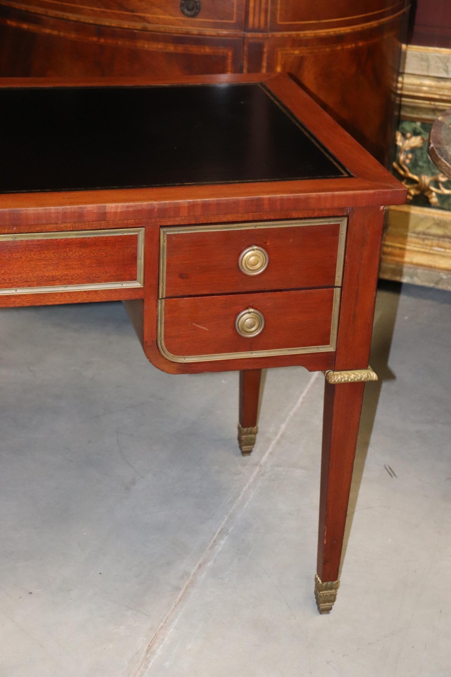 Black Leather Top French Directoire Style Writing Desk Bureau Plat, Circa 1960