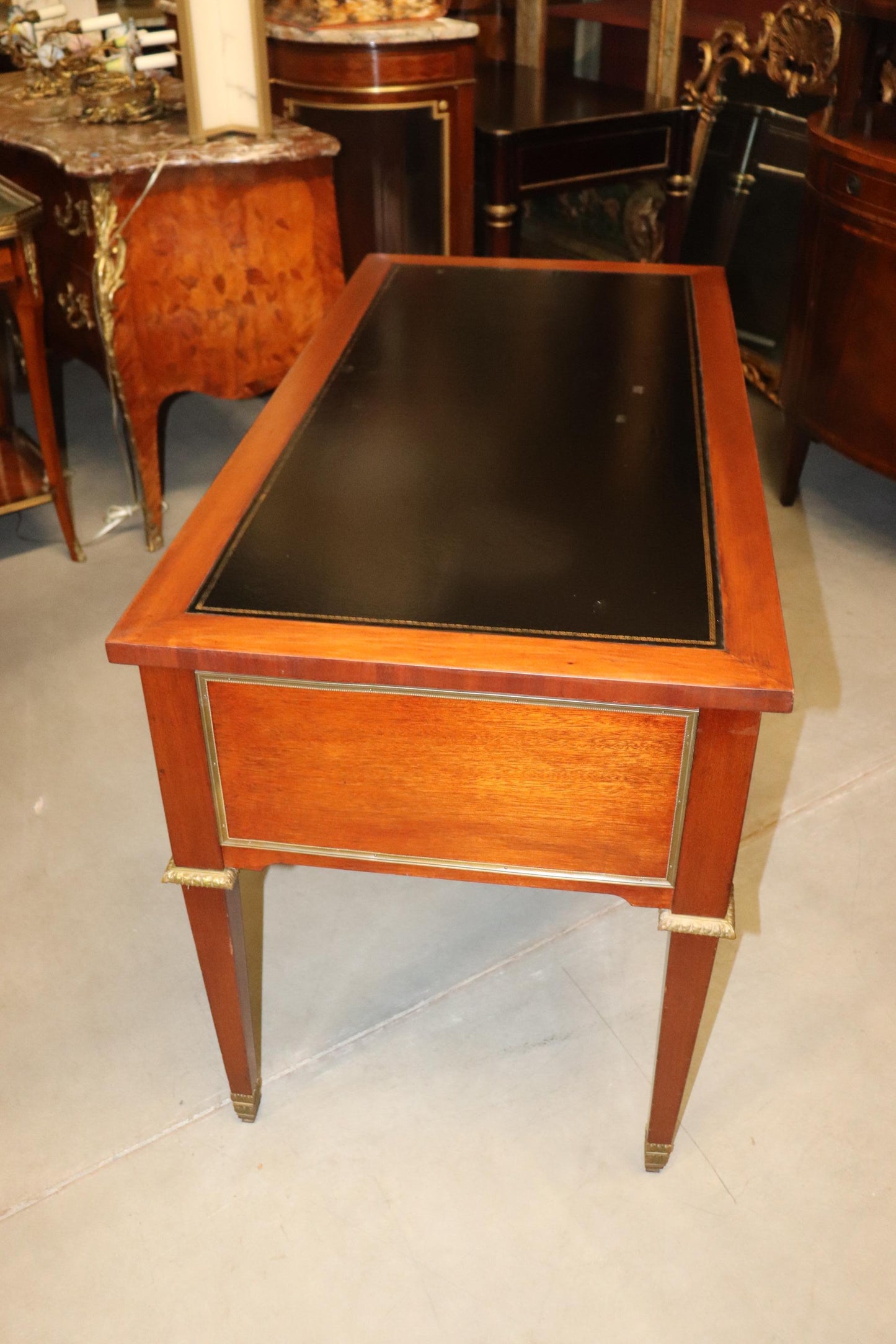 Black Leather Top French Directoire Style Writing Desk Bureau Plat, Circa 1960