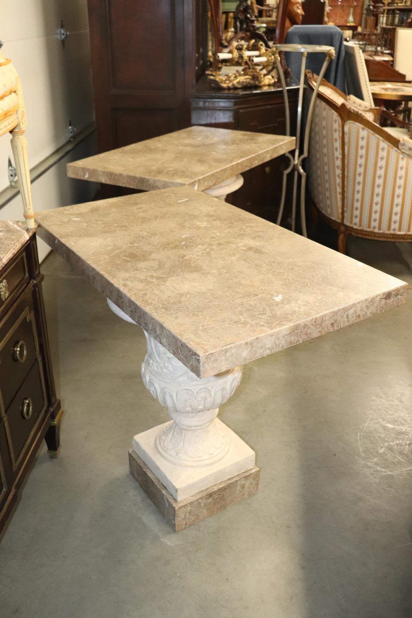 Fine Pair Italian Neoclassical Style Faux Marble Urn Console Tables