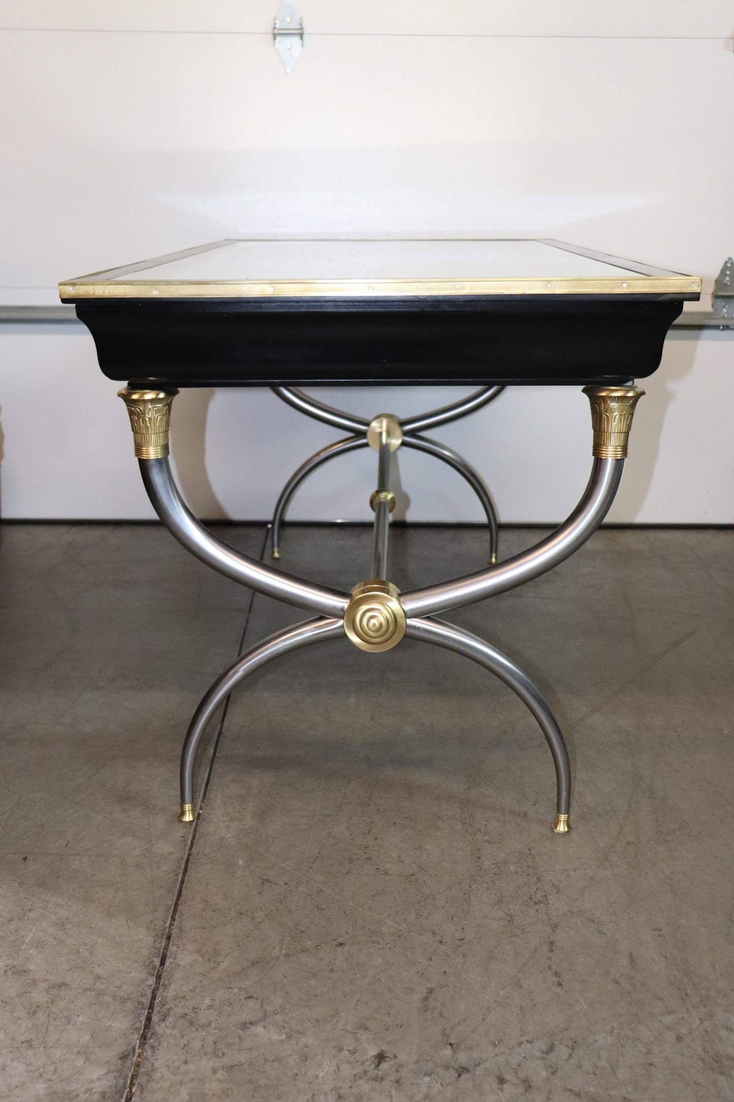 Rare Brass and Steel Aged Mirrored Top John Vesey Style Ebonzed Writing Desk