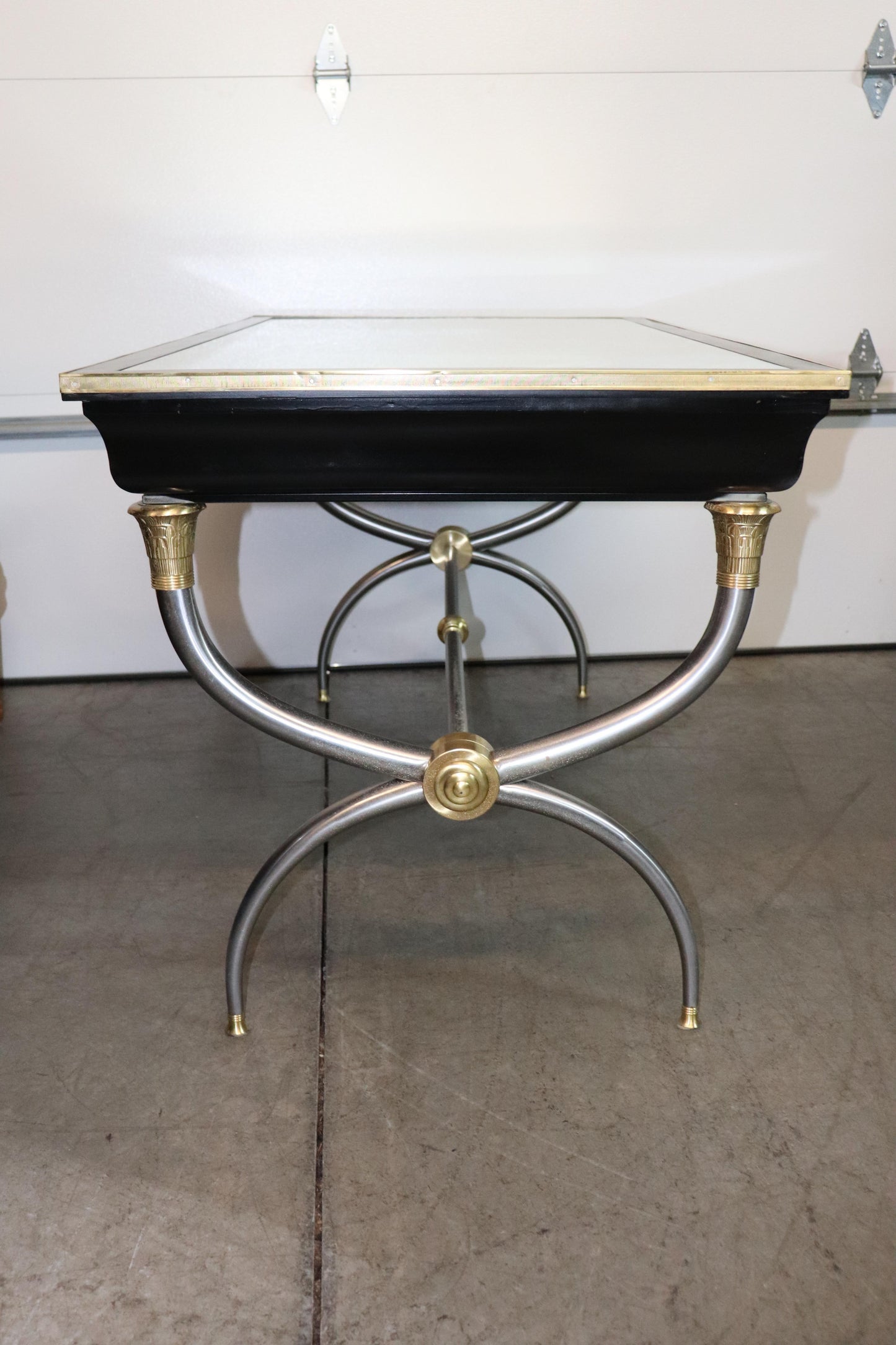 Rare Brass and Steel Aged Mirrored Top John Vesey Style Ebonzed Writing Desk