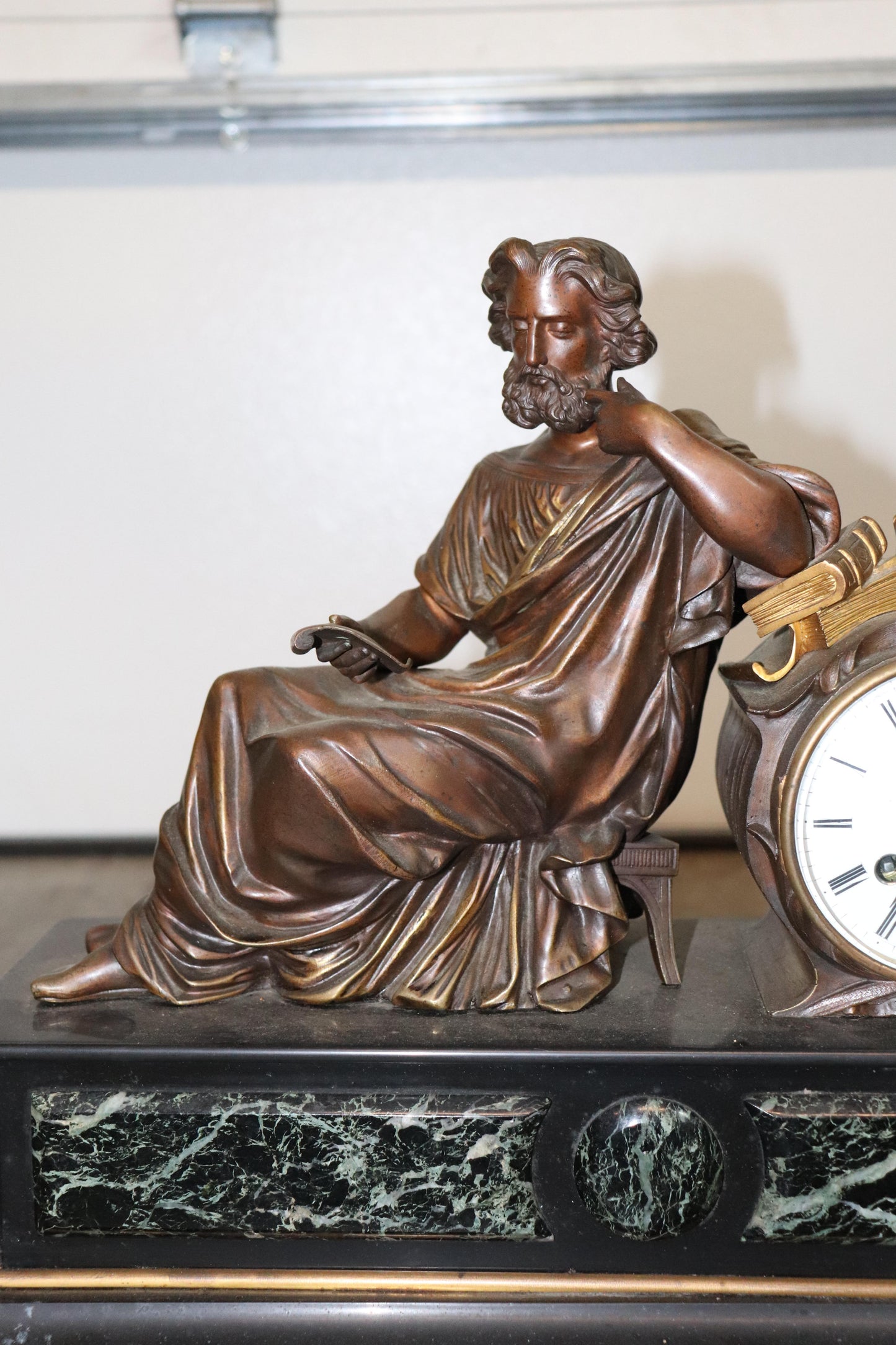 Fine French Verdi Marble and Bronze Mantel Clock of an Enrobed Wise Old Scholar