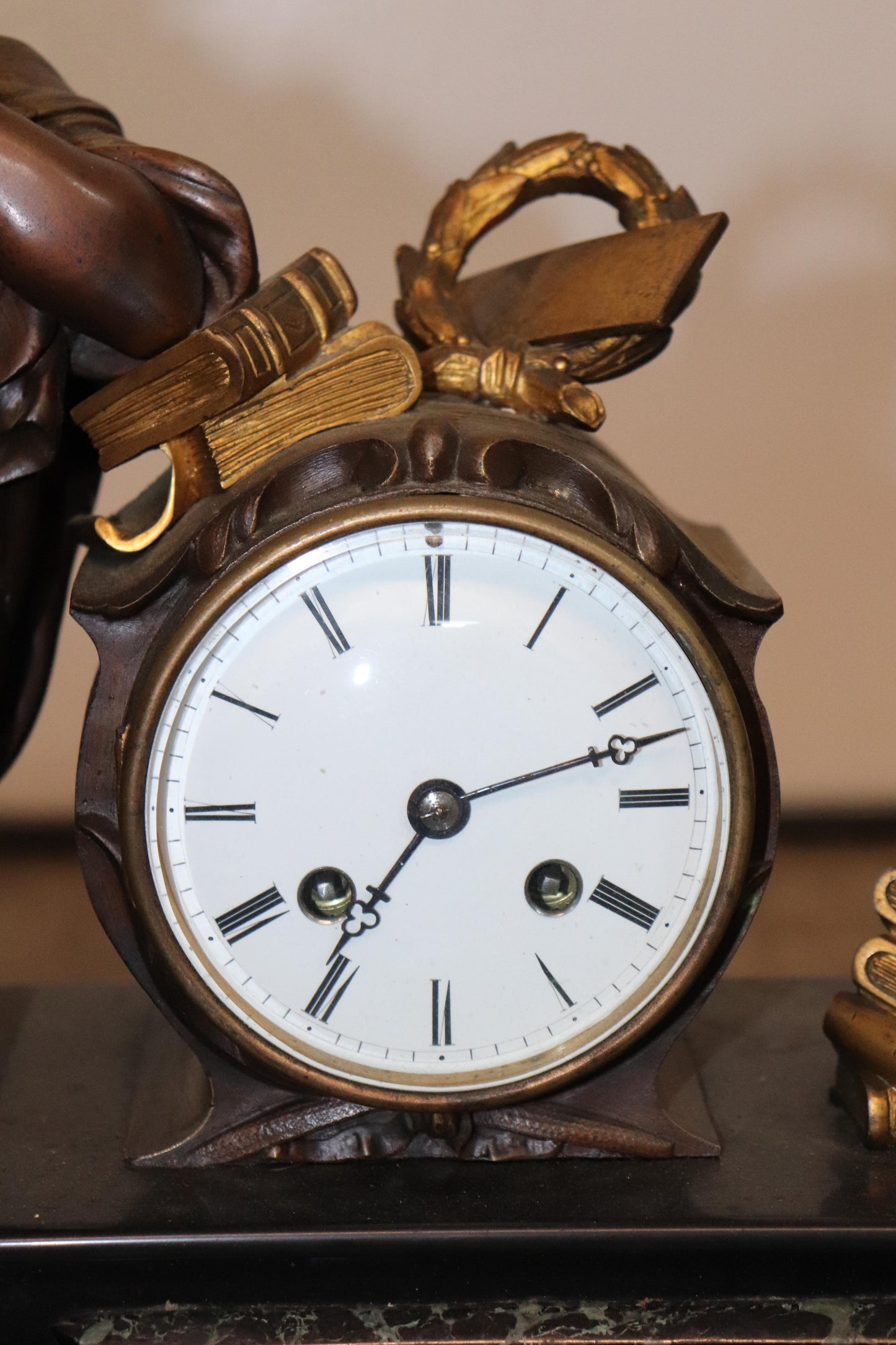 Fine French Verdi Marble and Bronze Mantel Clock of an Enrobed Wise Old Scholar