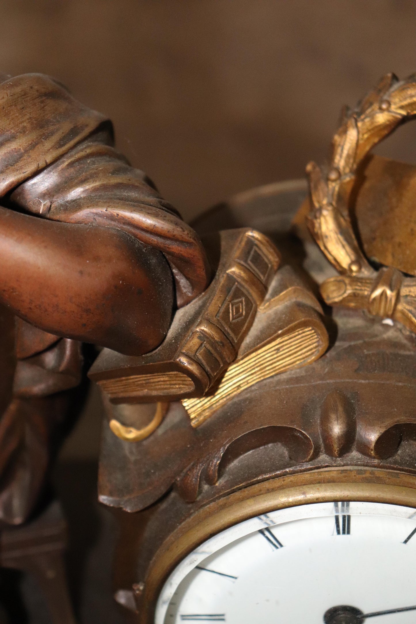 Fine French Verdi Marble and Bronze Mantel Clock of an Enrobed Wise Old Scholar