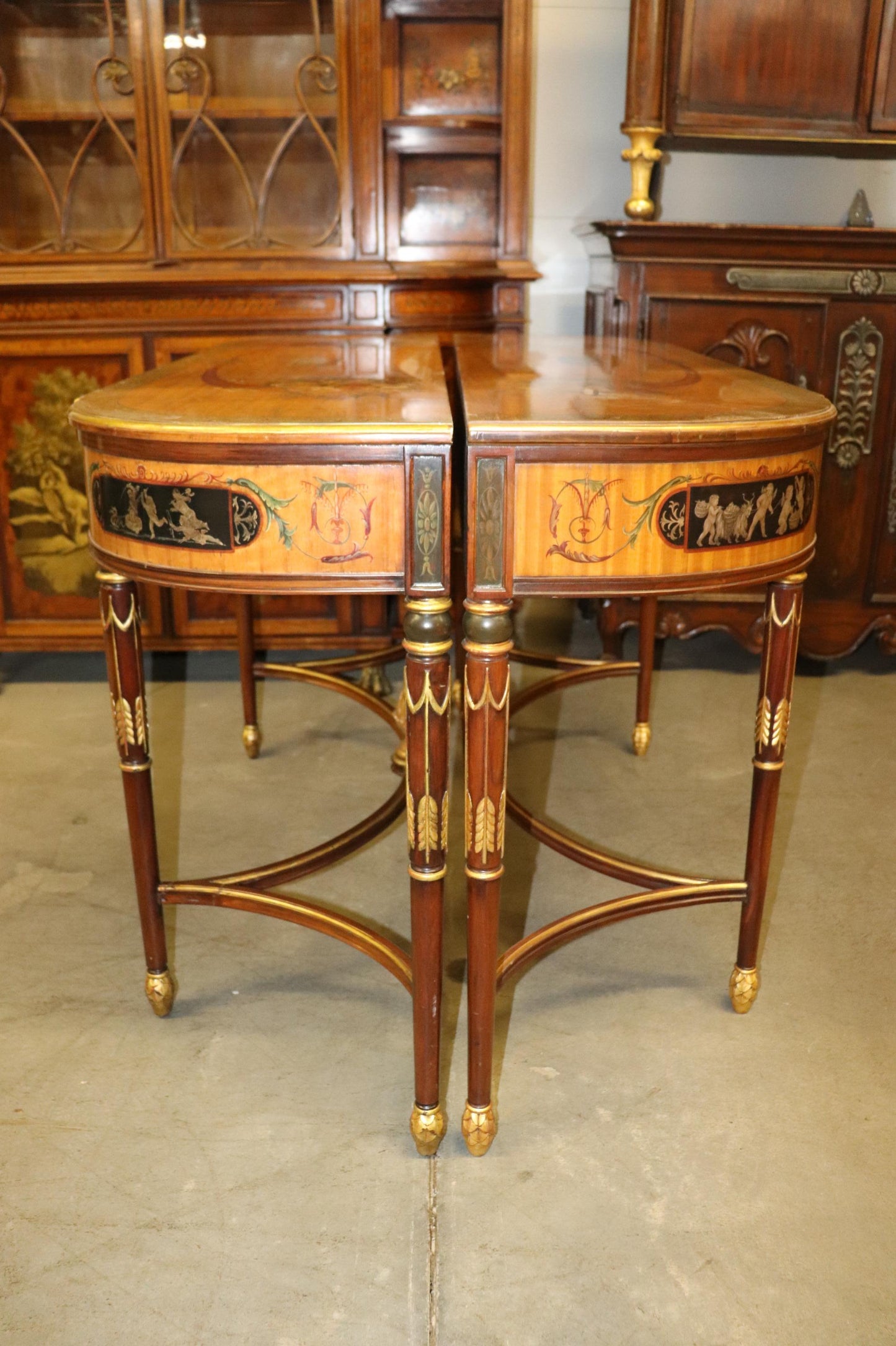 Fine Quality Paint Decorated Adams Satinwood Demilune Console Tables Circa 1900