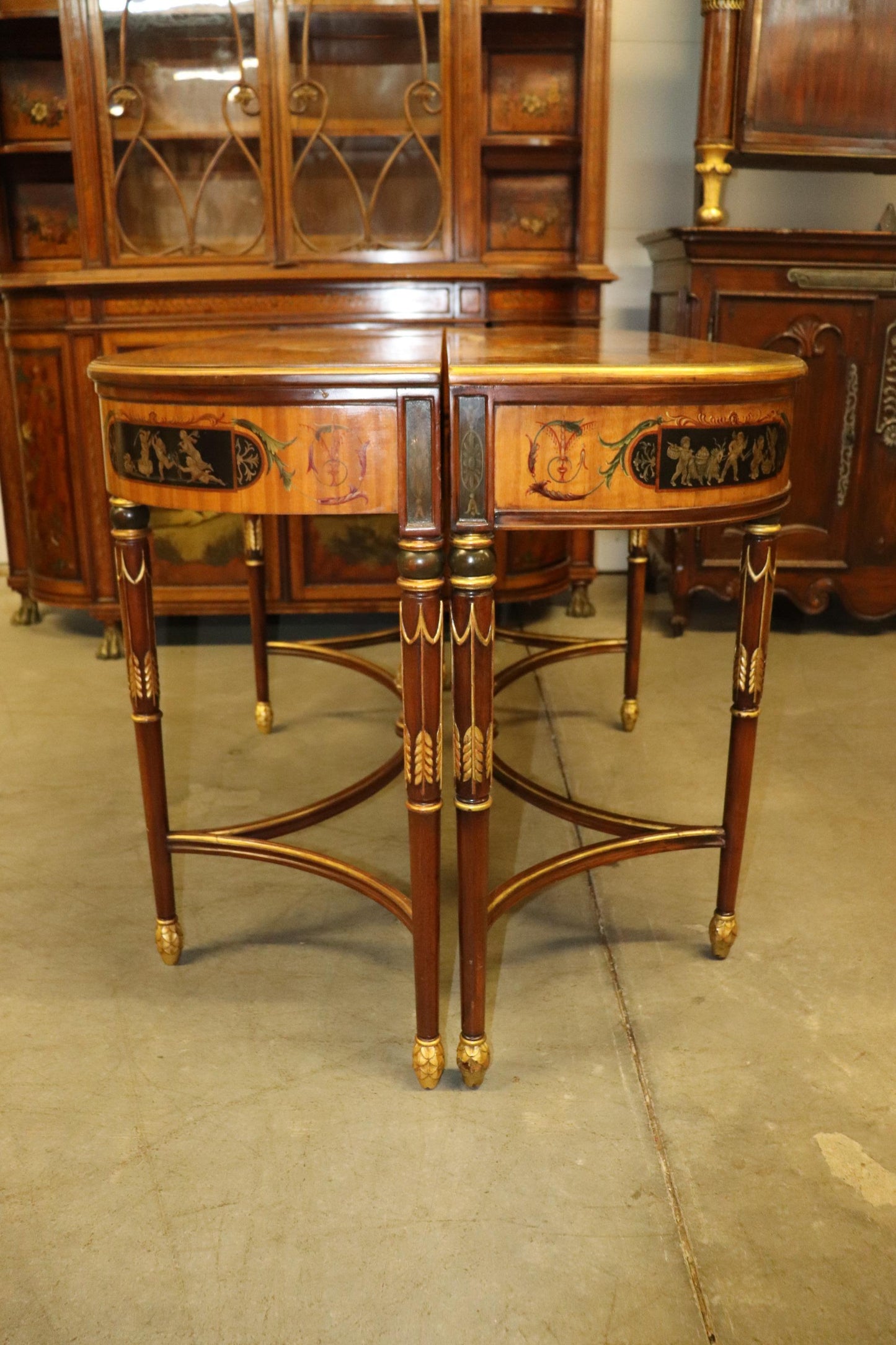 Fine Quality Paint Decorated Adams Satinwood Demilune Console Tables Circa 1900