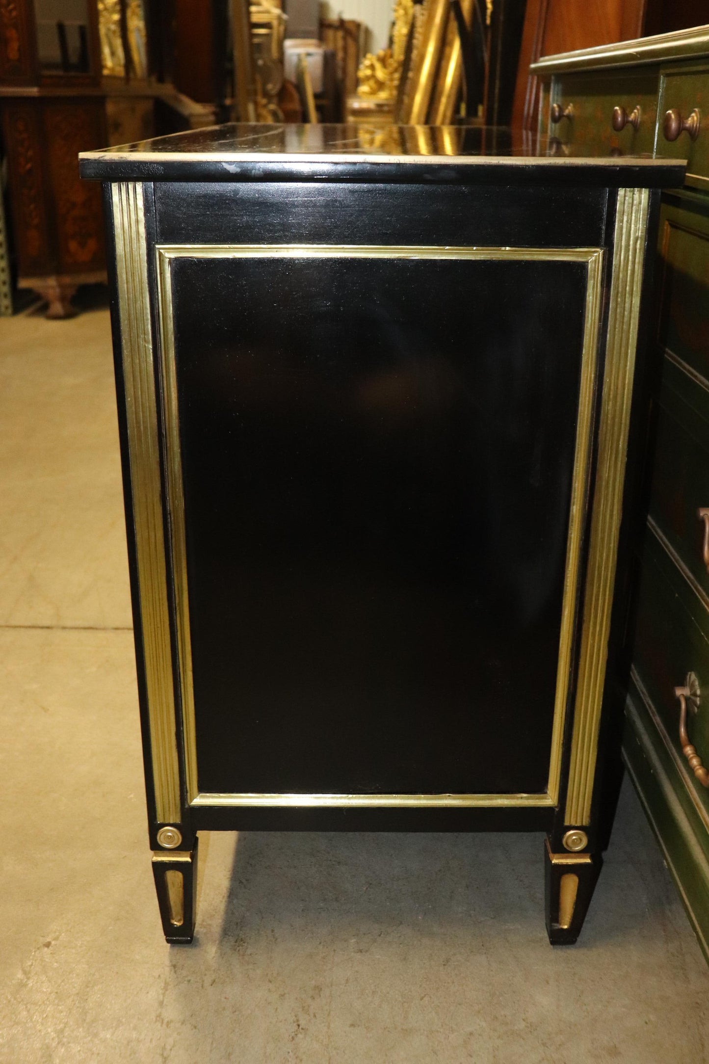 French Directoire Heavily Brass Inlaid Ebonized Commode Circa 1940 Jansen