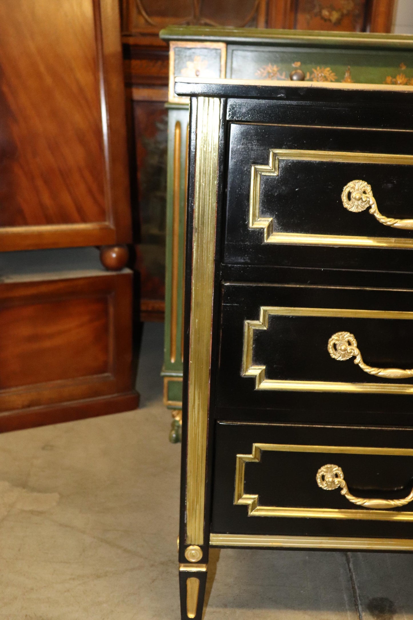 French Directoire Heavily Brass Inlaid Ebonized Commode Circa 1940 Jansen