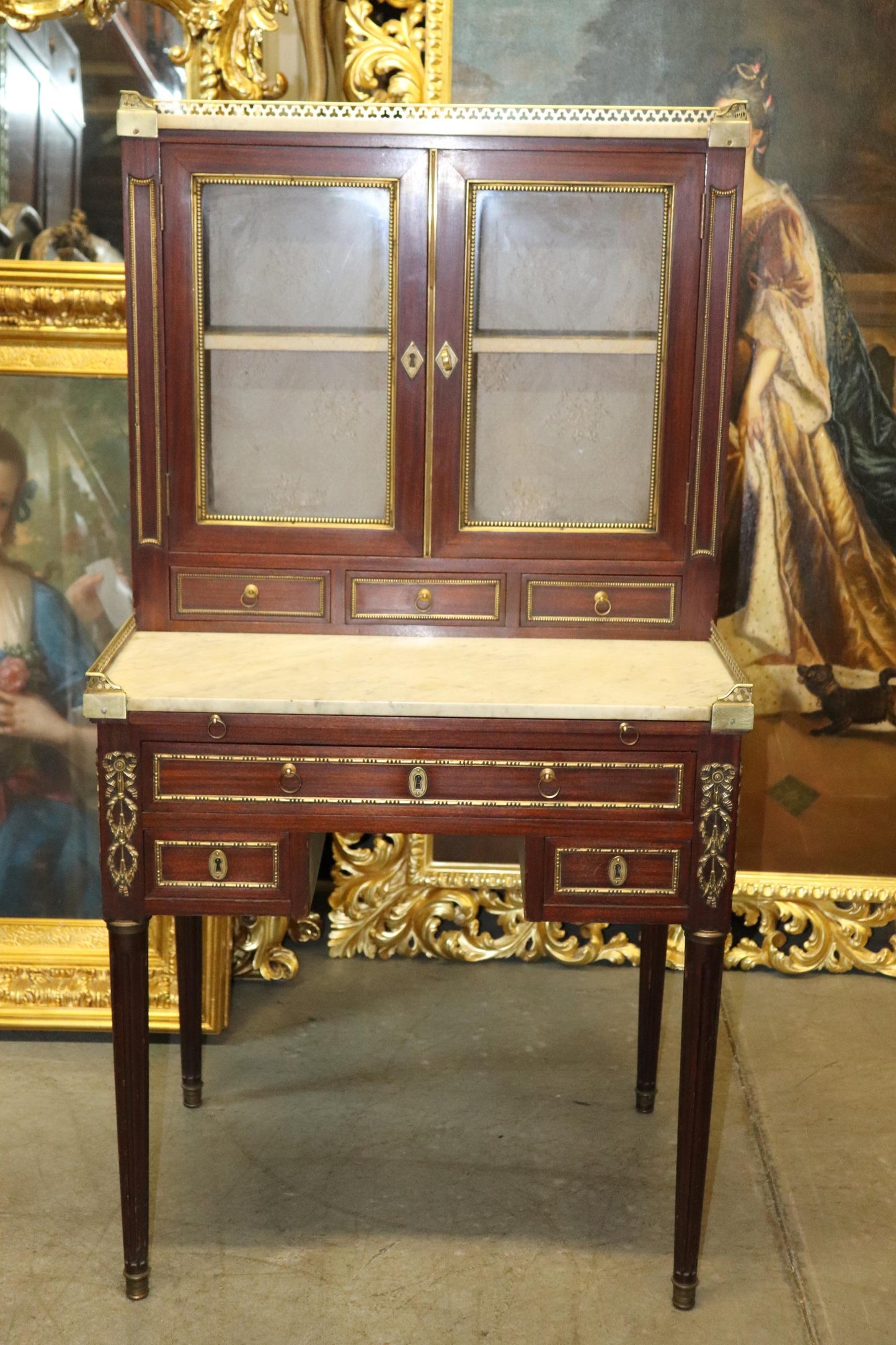 Fine Quality French Mahogany Bronze Mounted Secretary Desk Bookcase Top