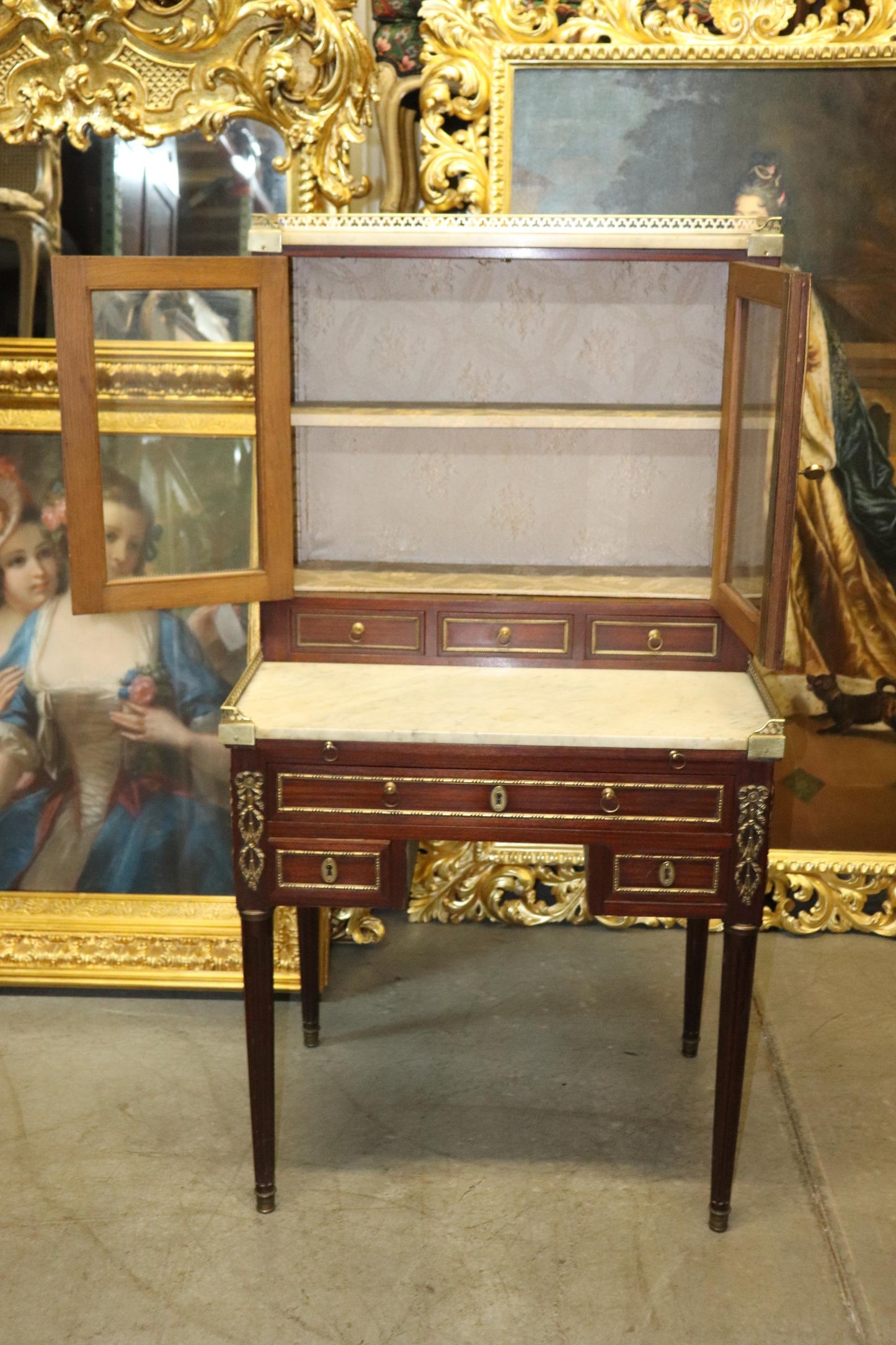 Fine Quality French Mahogany Bronze Mounted Secretary Desk Bookcase Top