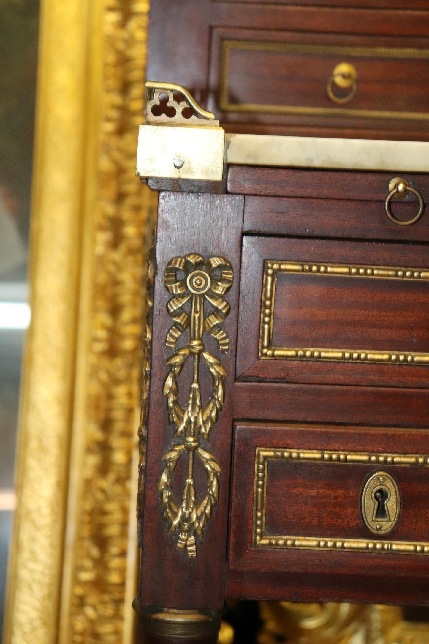 Fine Quality French Mahogany Bronze Mounted Secretary Desk Bookcase Top