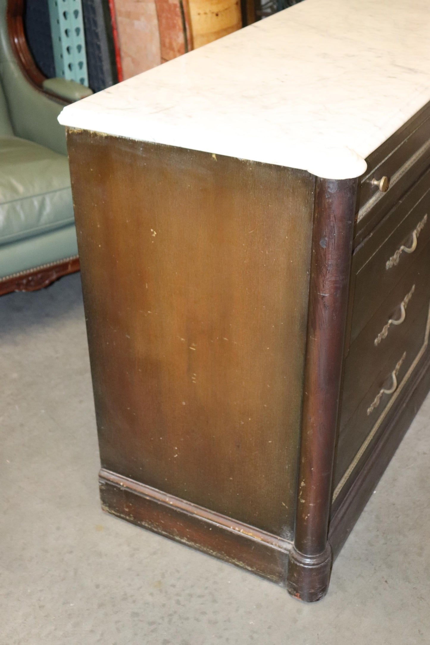 Italian Mahogany Neoclassical Style 1940s era Bronze Mounted Marble Top Dresser