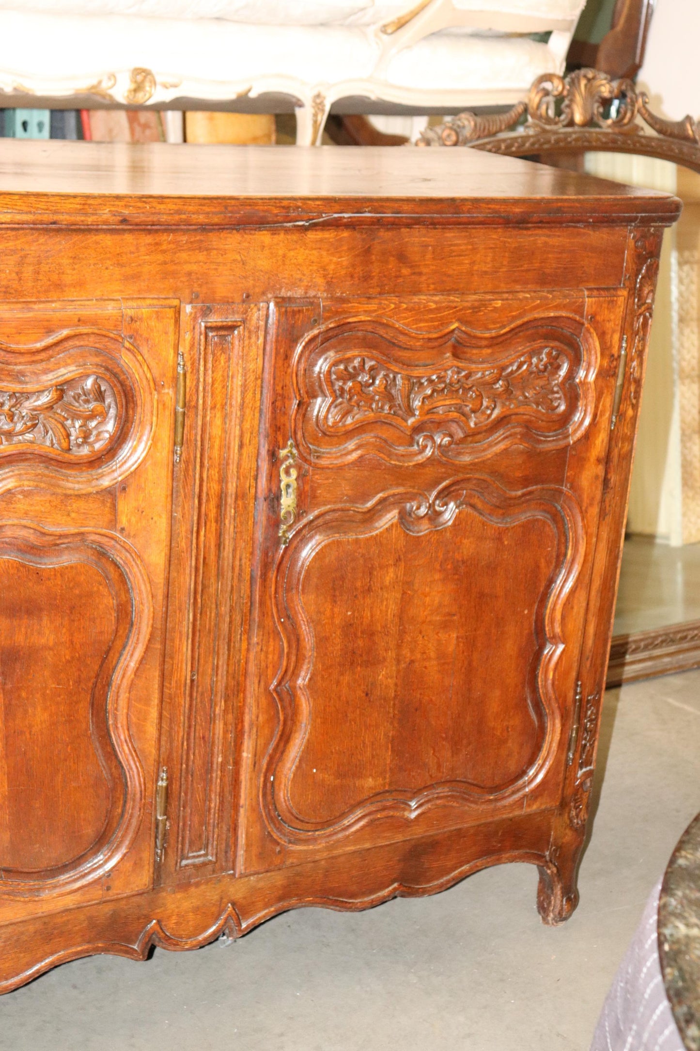 Antique 1770s Era Country French Solid Walnut Carved Sideboard Buffet